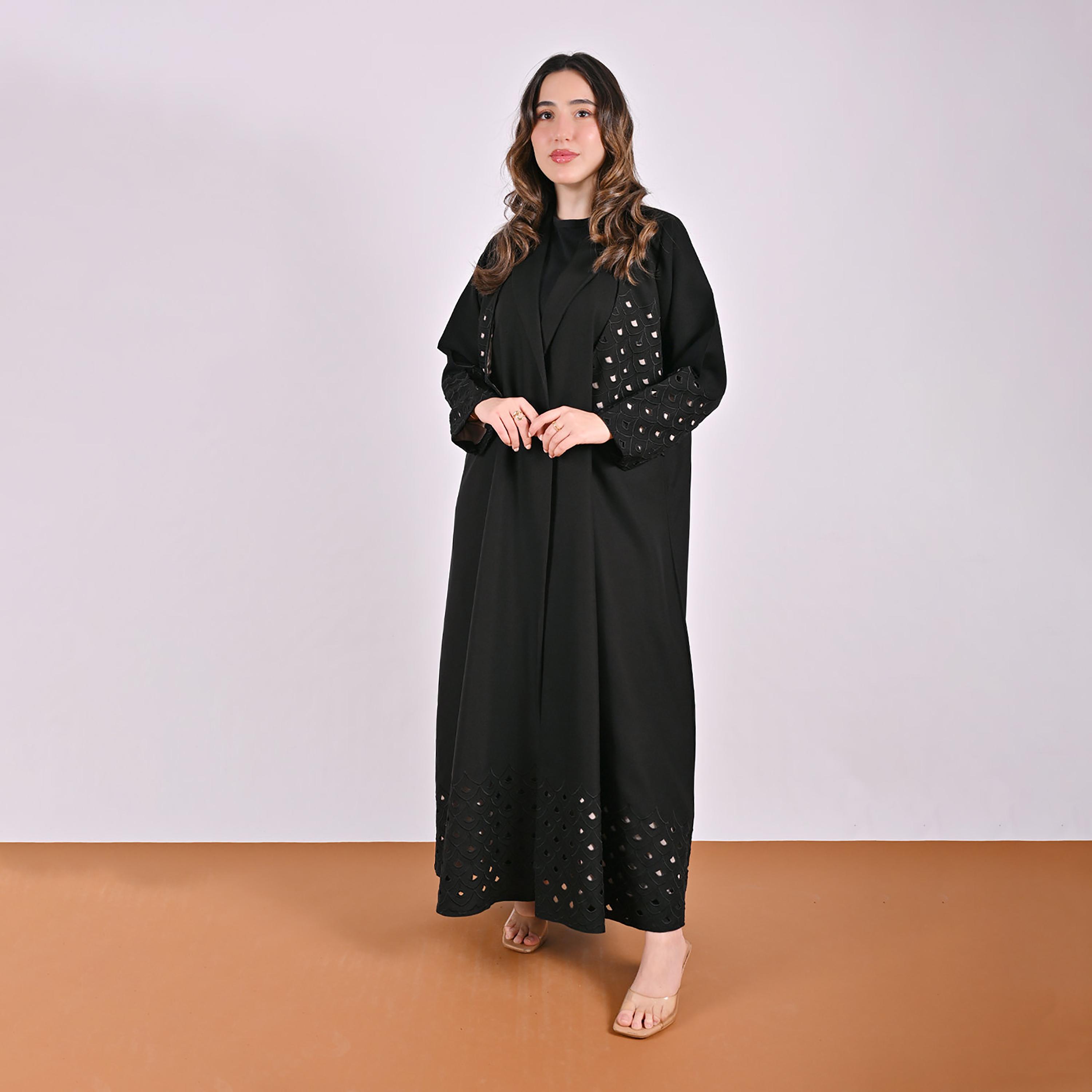 Hawraa Cutwork Embroidered Lapel Collar Linen Women's Blazer Style Abaya-women-arabicclothing-abayas-image-7