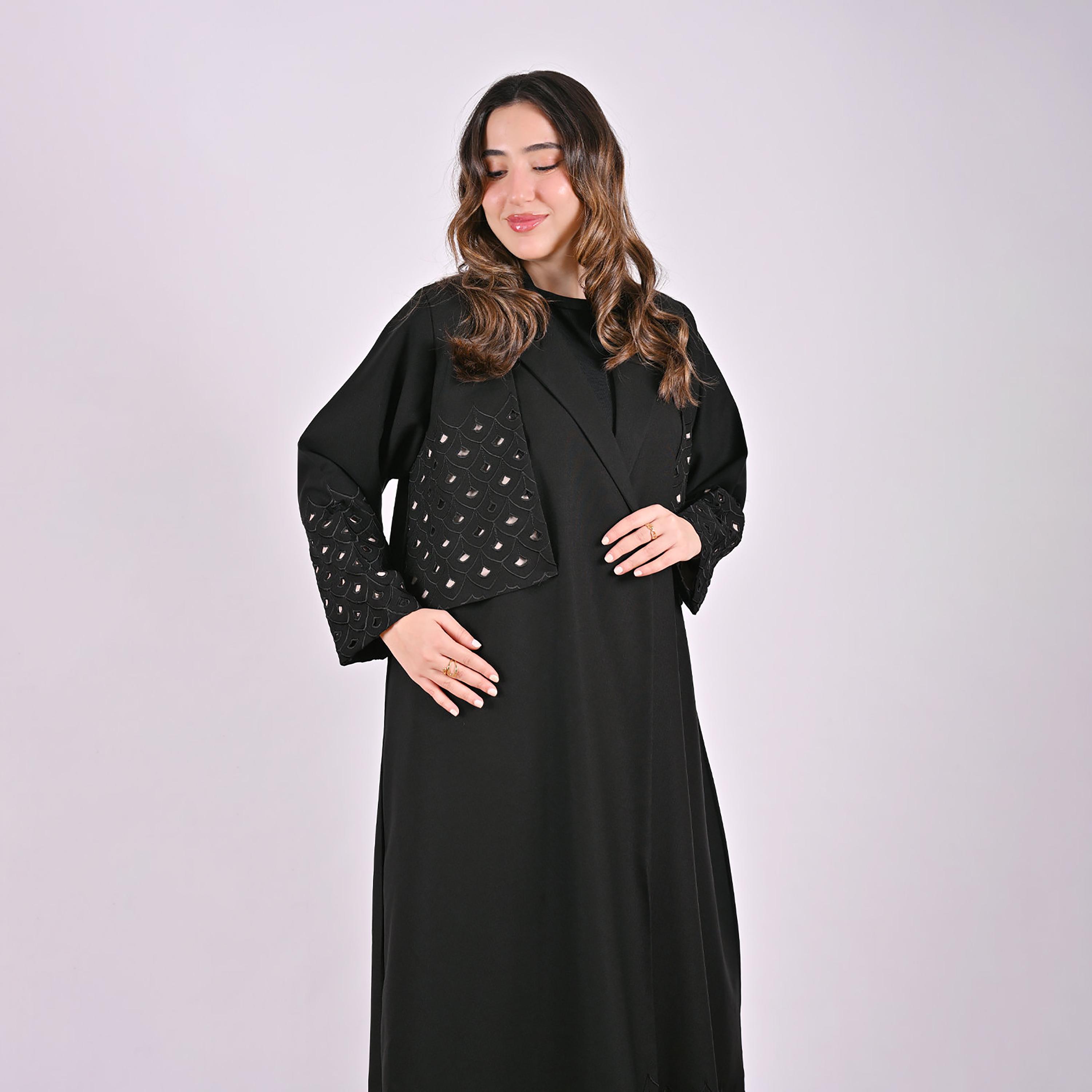 Hawraa Cutwork Embroidered Lapel Collar Linen Women's Blazer Style Abaya-women-arabicclothing-abayas-image-8