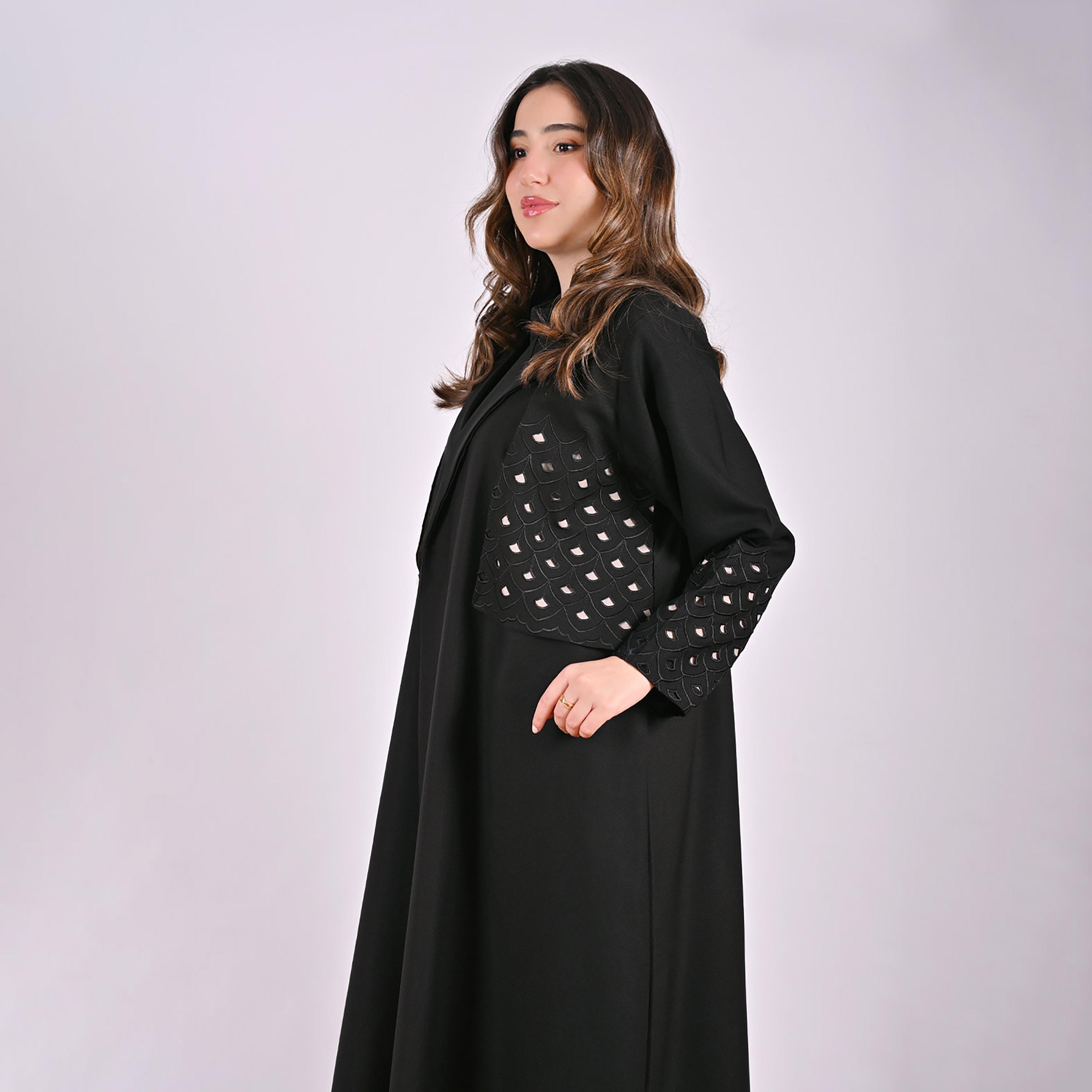Hawraa Cutwork Embroidered Lapel Collar Linen Women's Blazer Style Abaya-women-arabicclothing-abayas-image-9