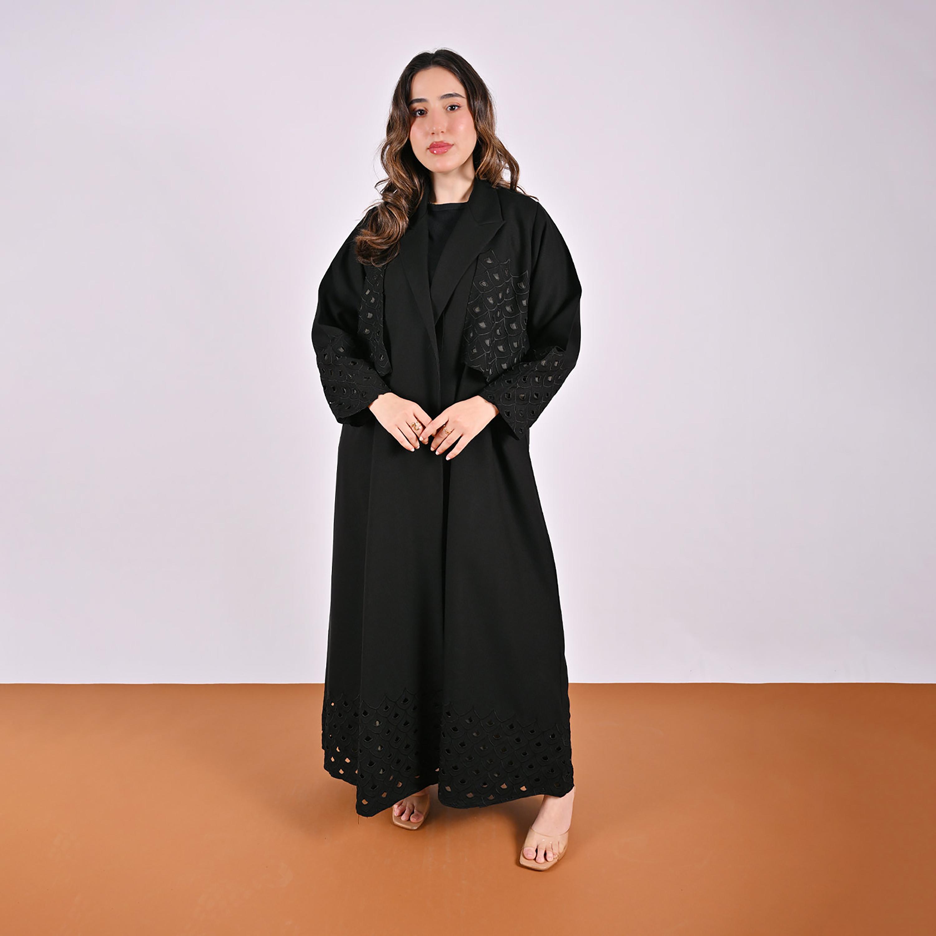 Hawraa Cutwork Embroidered Lapel Collar Linen Women's Blazer Style Abaya-women-arabicclothing-abayas-image-1