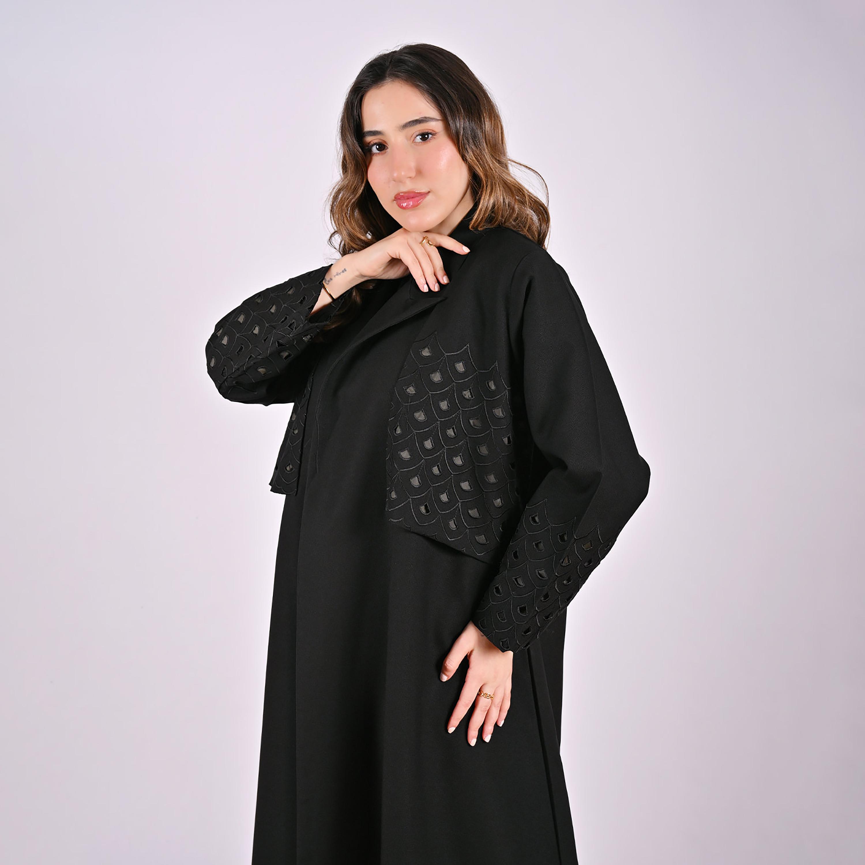 Hawraa Cutwork Embroidered Lapel Collar Linen Women's Blazer Style Abaya-women-arabicclothing-abayas-image-10