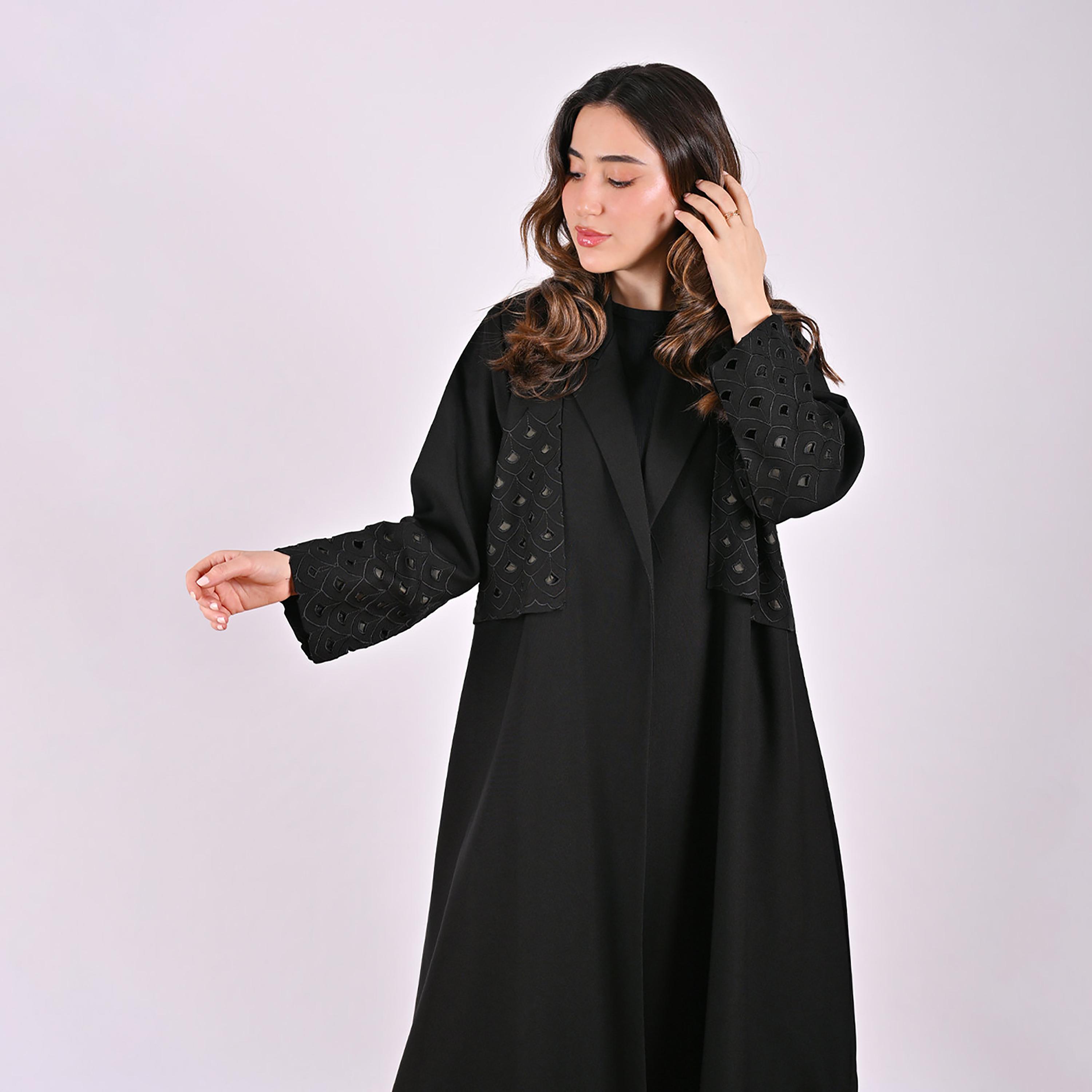 Hawraa Cutwork Embroidered Lapel Collar Linen Women's Blazer Style Abaya-women-arabicclothing-abayas-image-11