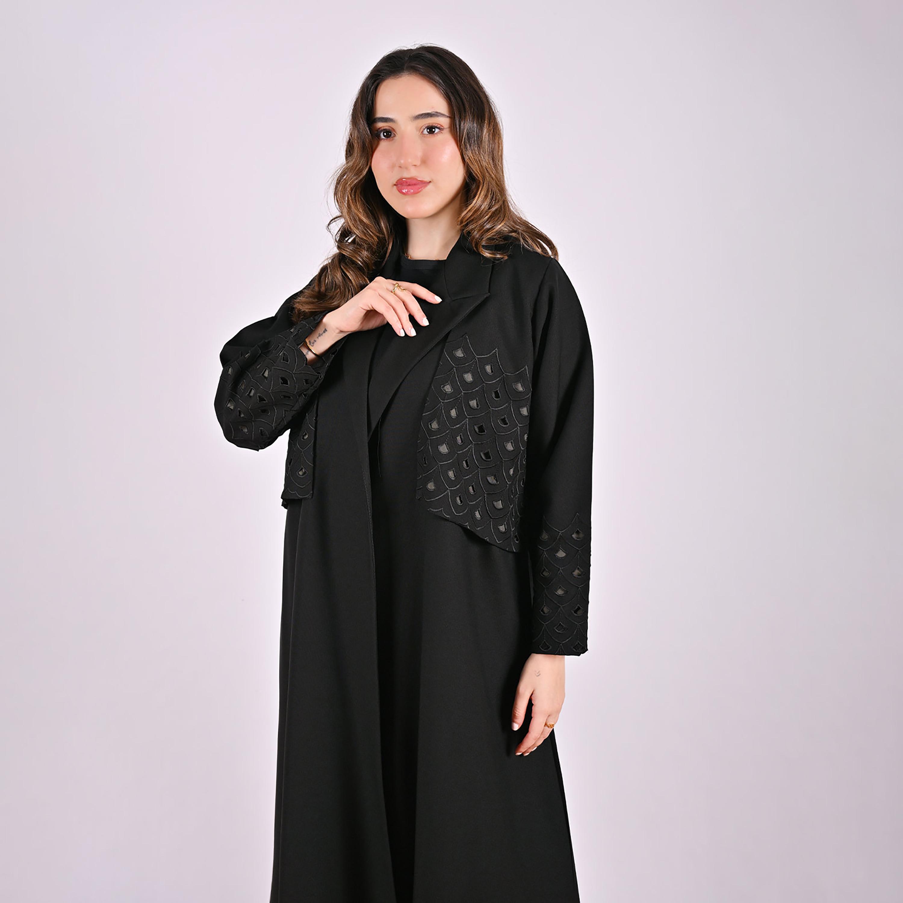 Hawraa Cutwork Embroidered Lapel Collar Linen Women's Blazer Style Abaya-women-arabicclothing-abayas-image-12