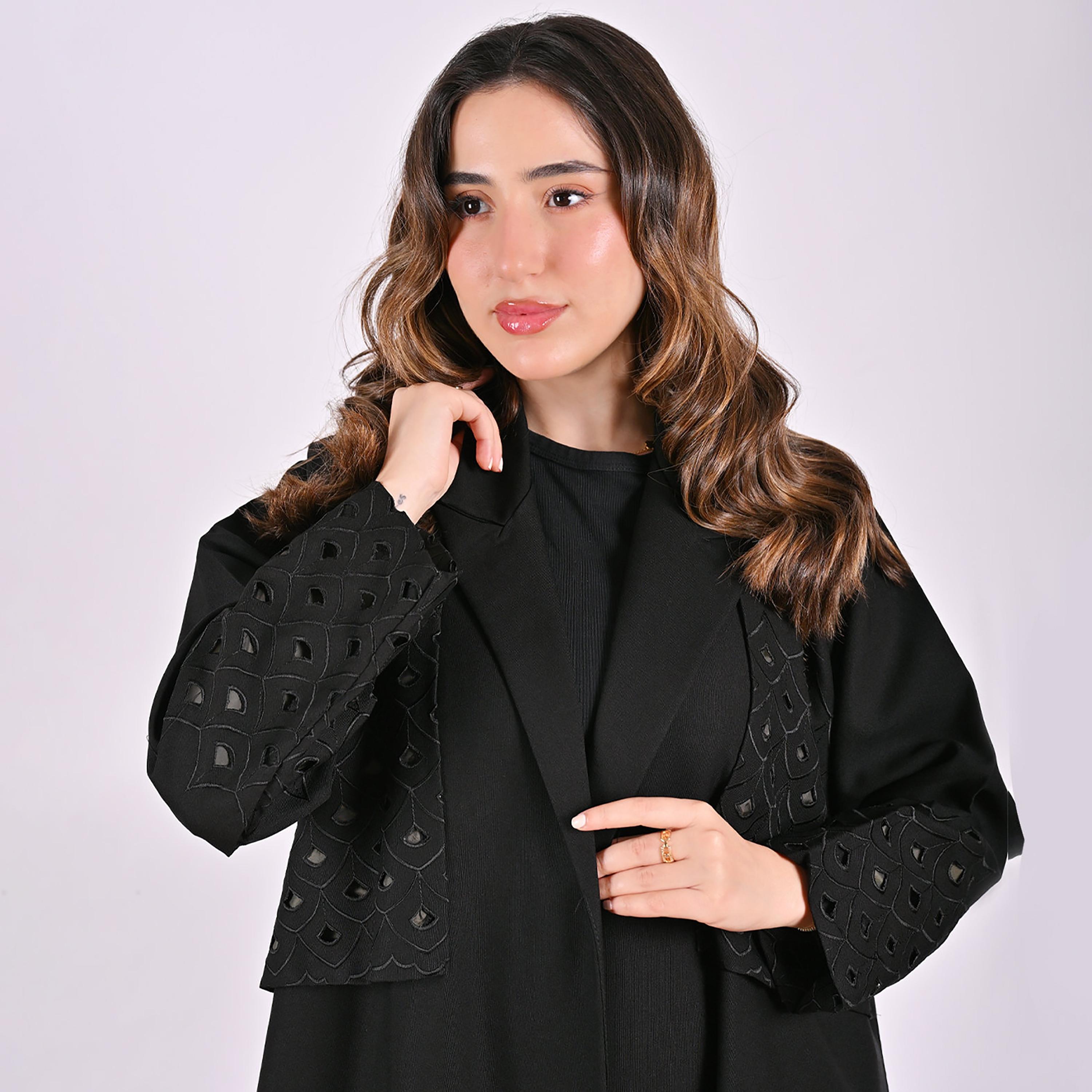 Hawraa Cutwork Embroidered Lapel Collar Linen Women's Blazer Style Abaya-women-arabicclothing-abayas-image-2