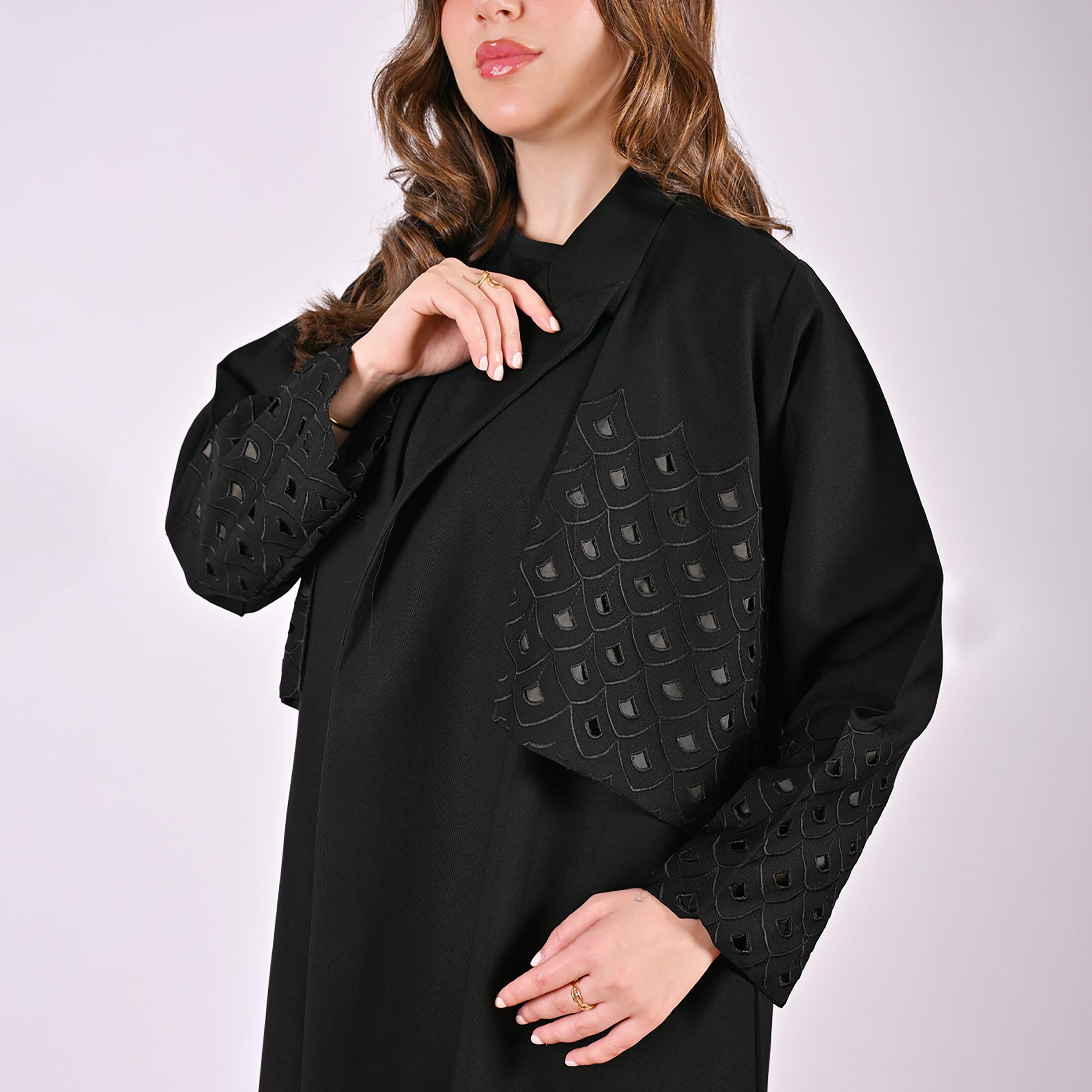 Hawraa Cutwork Embroidered Lapel Collar Linen Women's Blazer Style Abaya-women-arabicclothing-abayas-image-3