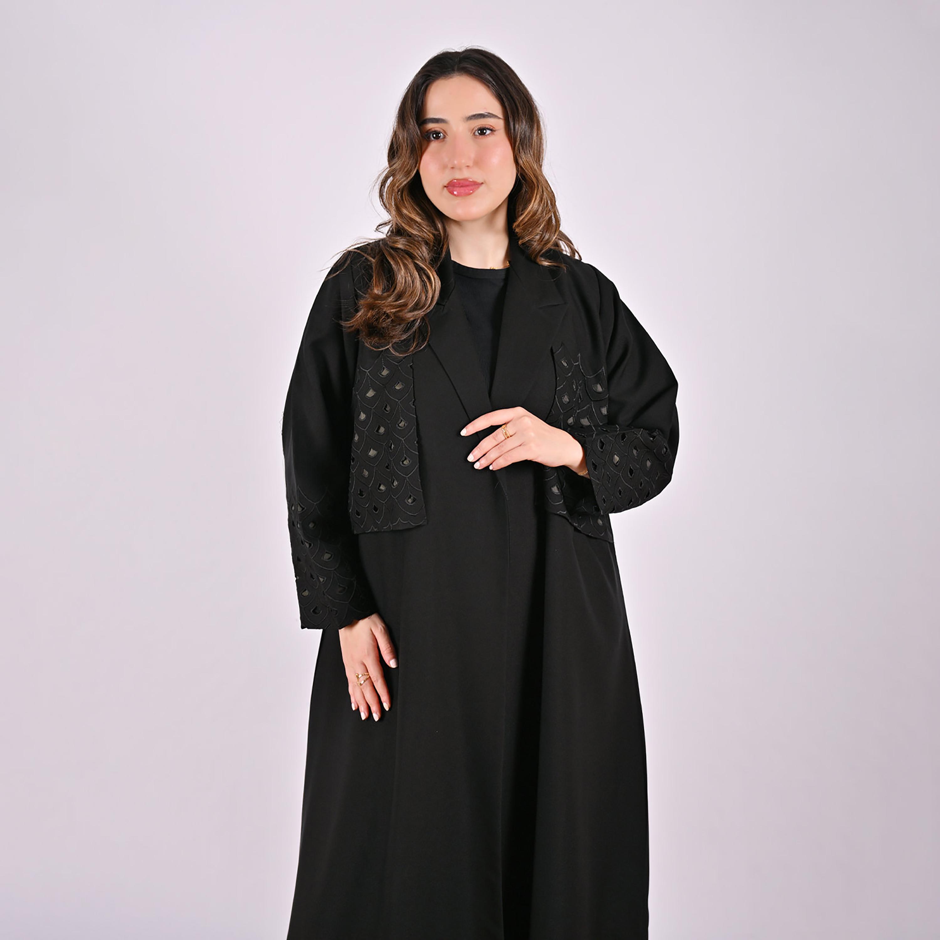 Hawraa Cutwork Embroidered Lapel Collar Linen Women's Blazer Style Abaya-women-arabicclothing-abayas-image-5