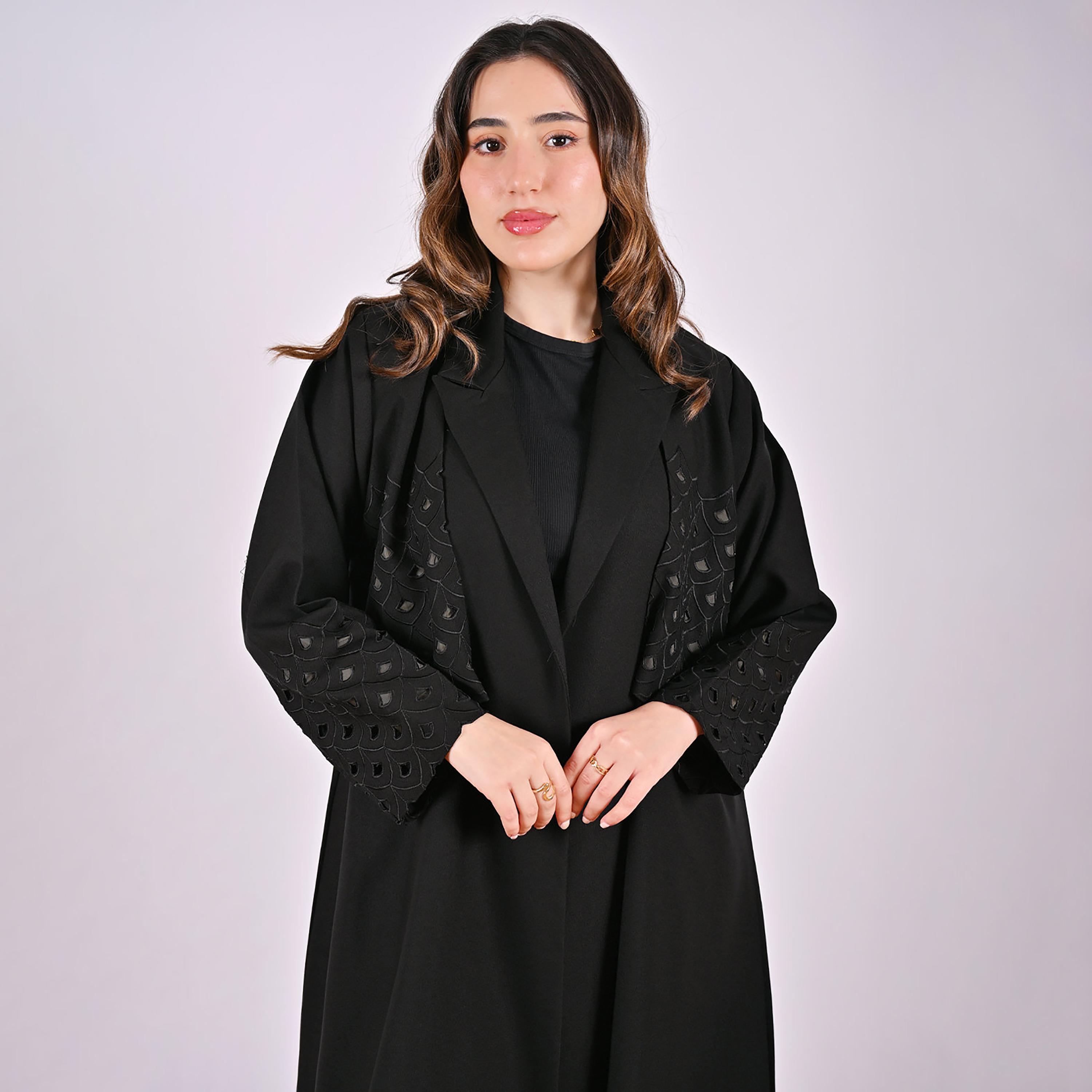 Hawraa Cutwork Embroidered Lapel Collar Linen Women's Blazer Style Abaya-women-arabicclothing-abayas-image-6