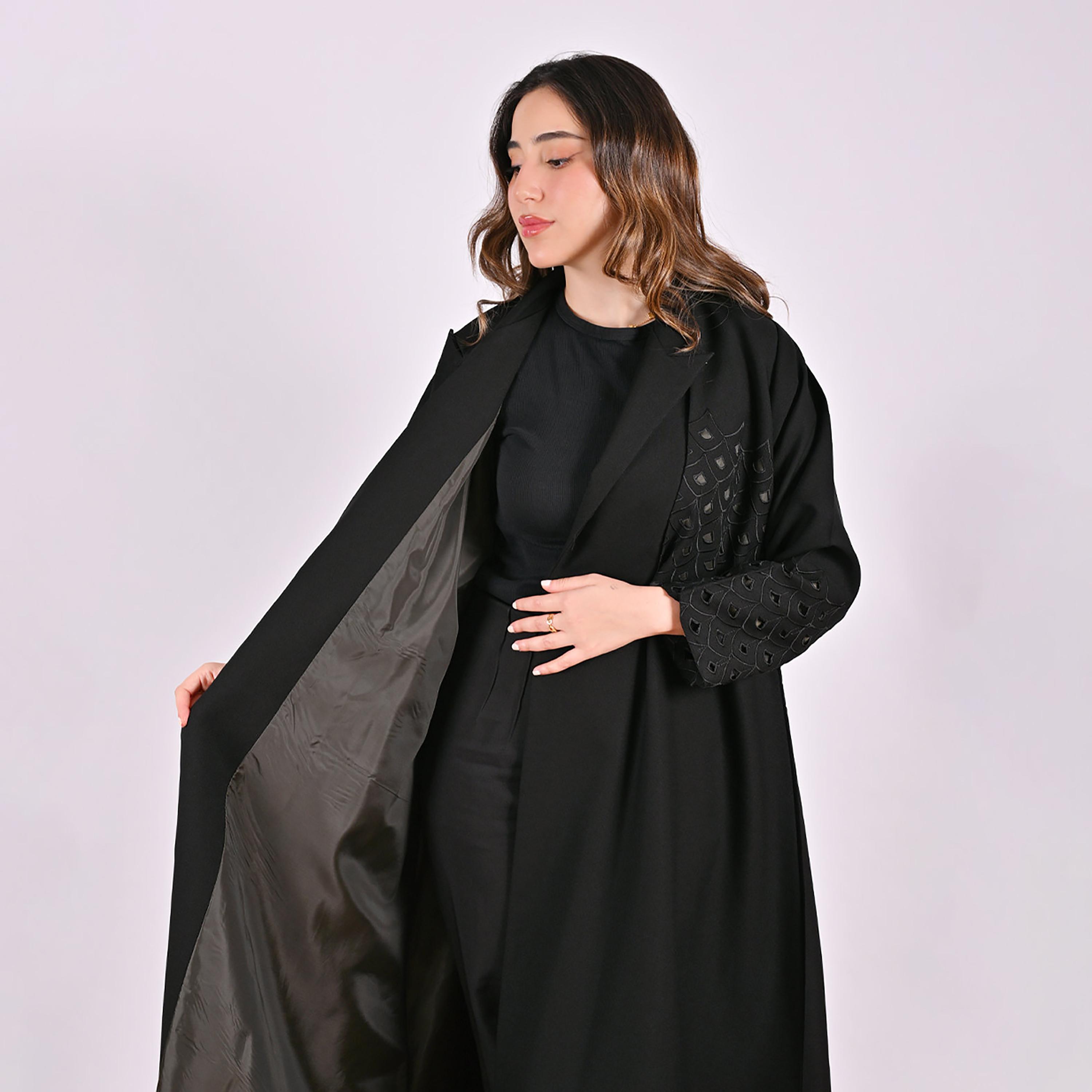 Hawraa Cutwork Embroidered Lapel Collar Linen Women's Blazer Style Abaya-women-arabicclothing-abayas-image-7