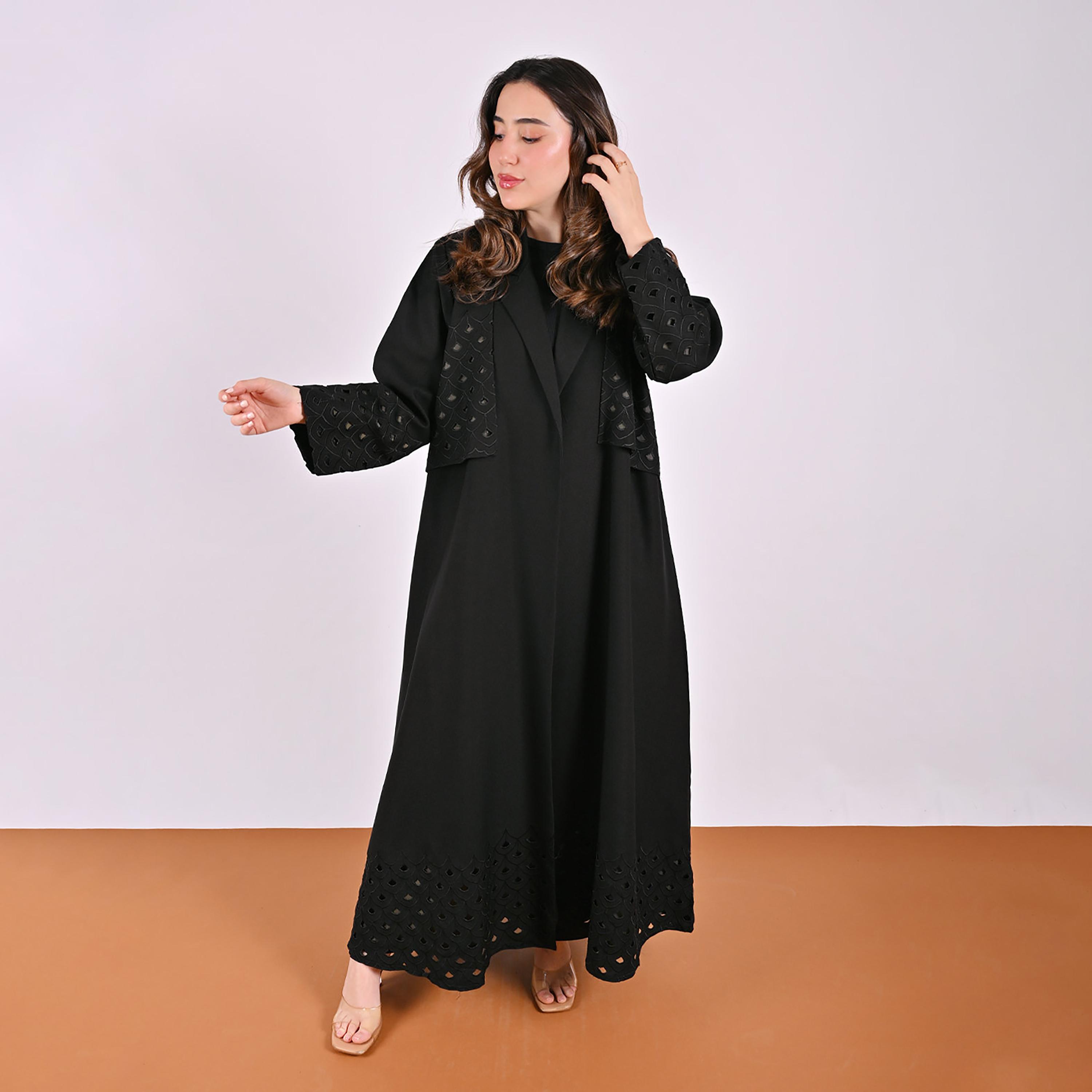 Hawraa Cutwork Embroidered Lapel Collar Linen Women's Blazer Style Abaya-women-arabicclothing-abayas-image-9