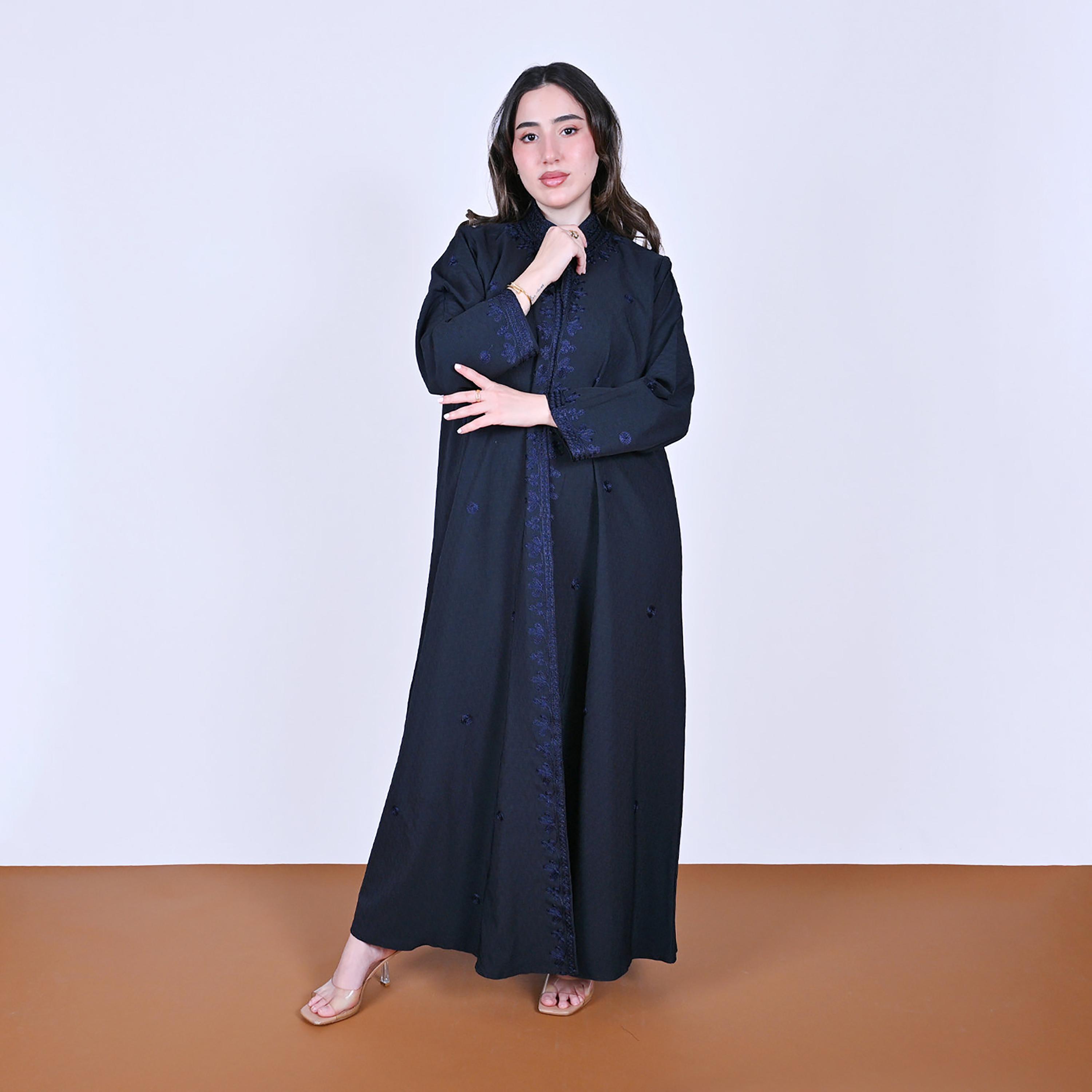 Hawraa Embroidered Mandarin Collar Linen Women's Abaya-women-arabicclothing-abayas-image-1