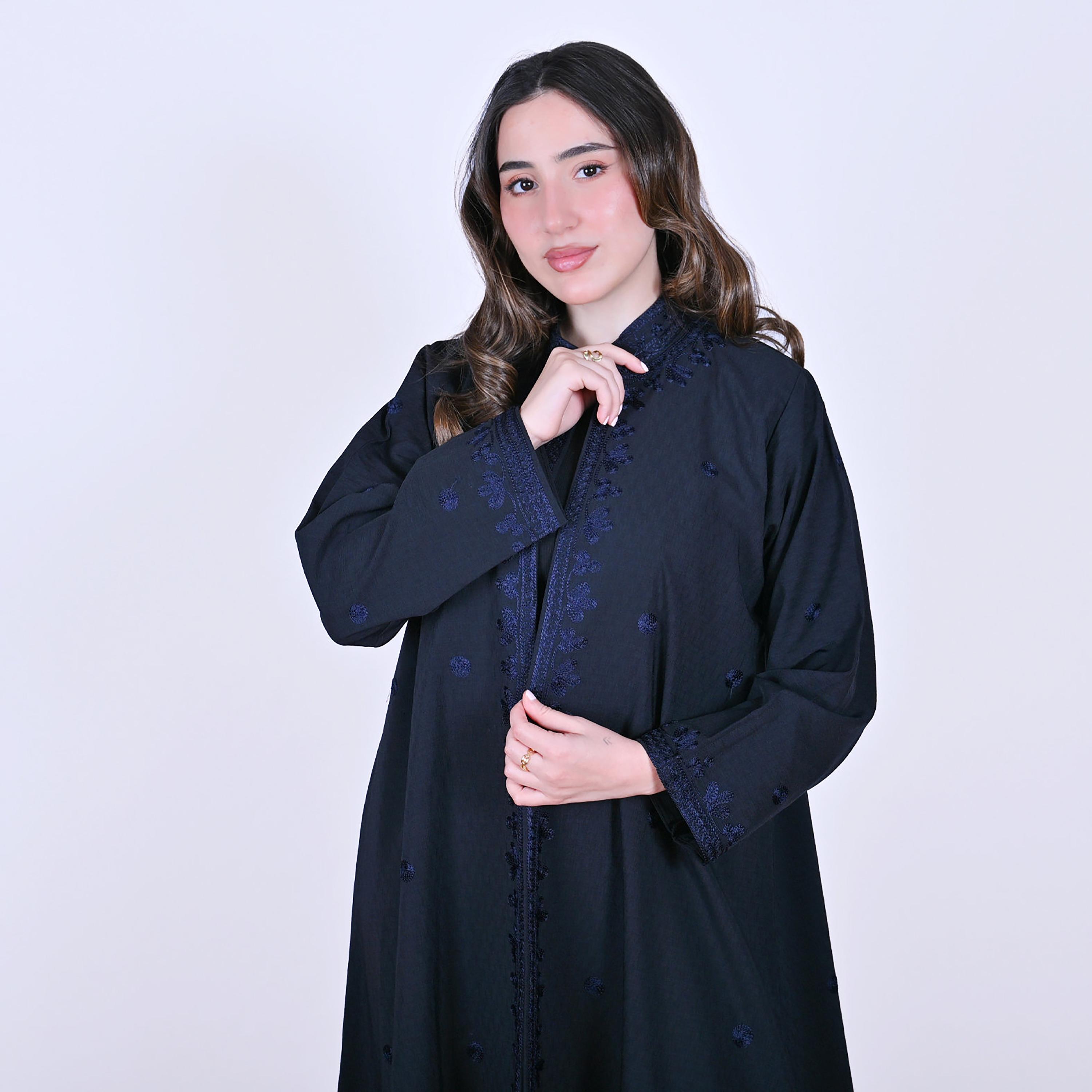 Hawraa Embroidered Mandarin Collar Linen Women's Abaya-women-arabicclothing-abayas-image-2