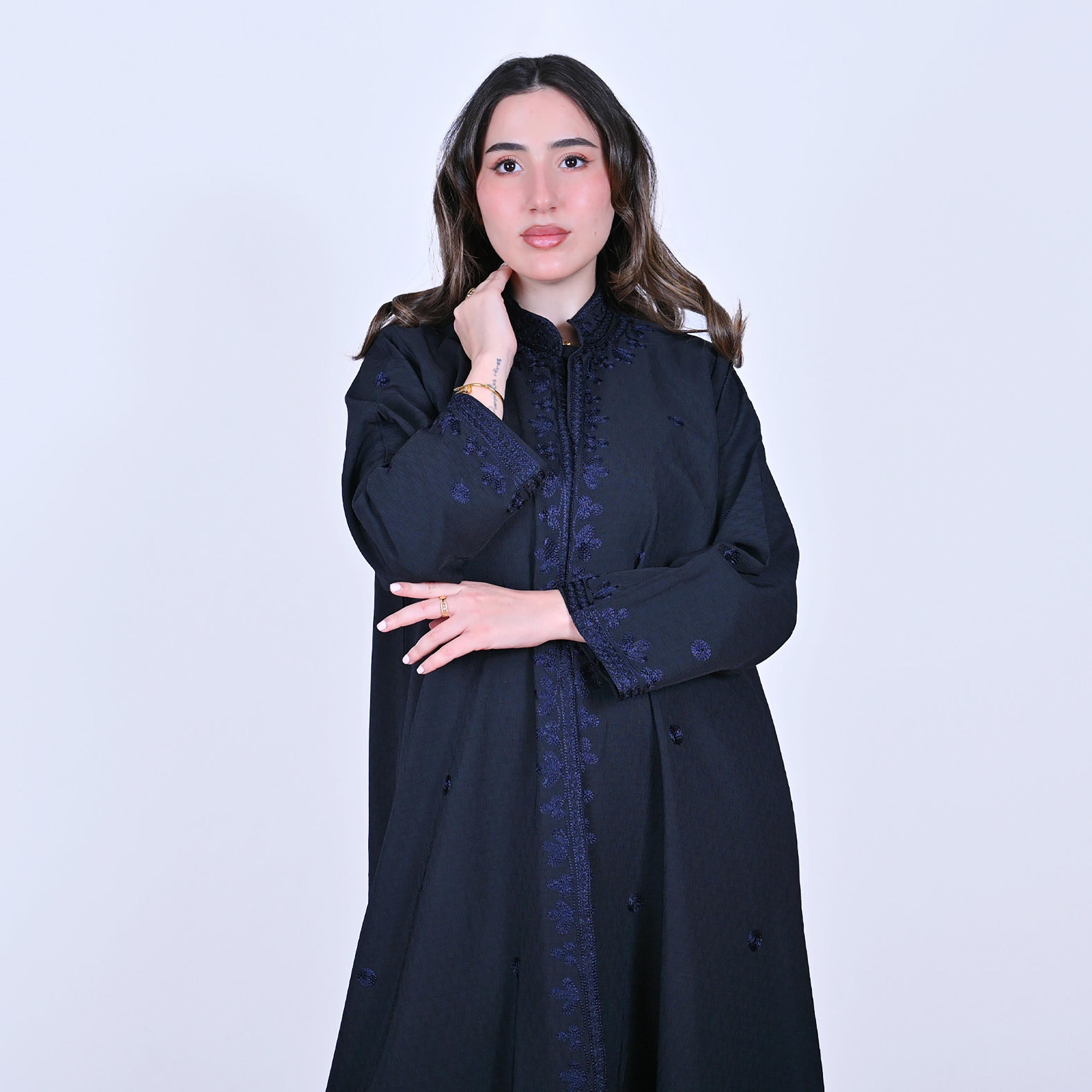 Hawraa Embroidered Mandarin Collar Linen Women's Abaya-women-arabicclothing-abayas-image-3