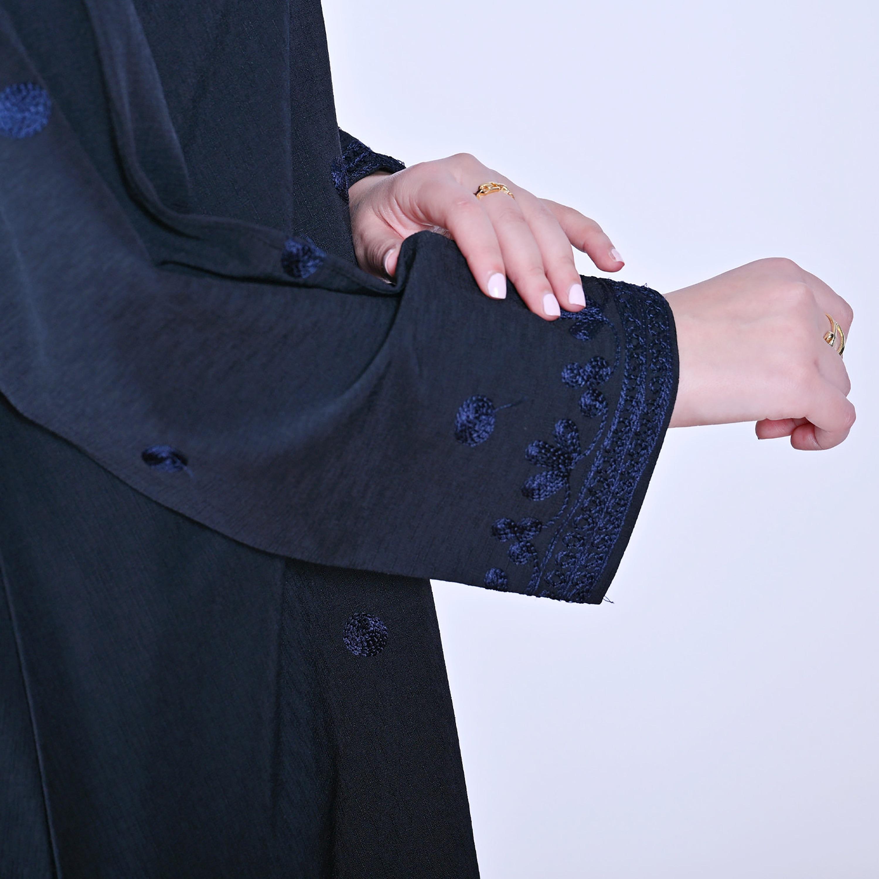 Hawraa Embroidered Mandarin Collar Linen Women's Abaya-women-arabicclothing-abayas-image-4