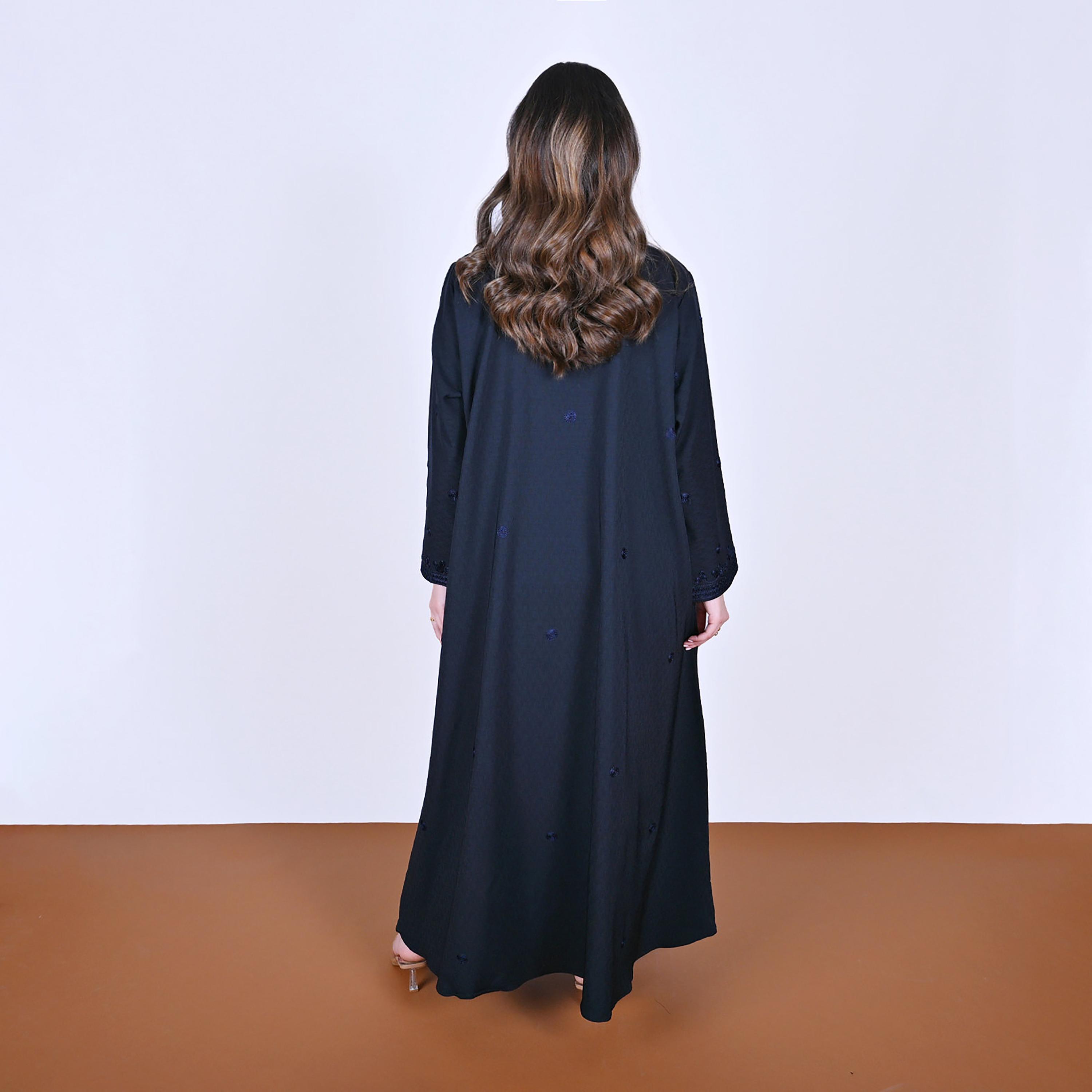 Hawraa Embroidered Mandarin Collar Linen Women's Abaya-women-arabicclothing-abayas-image-5