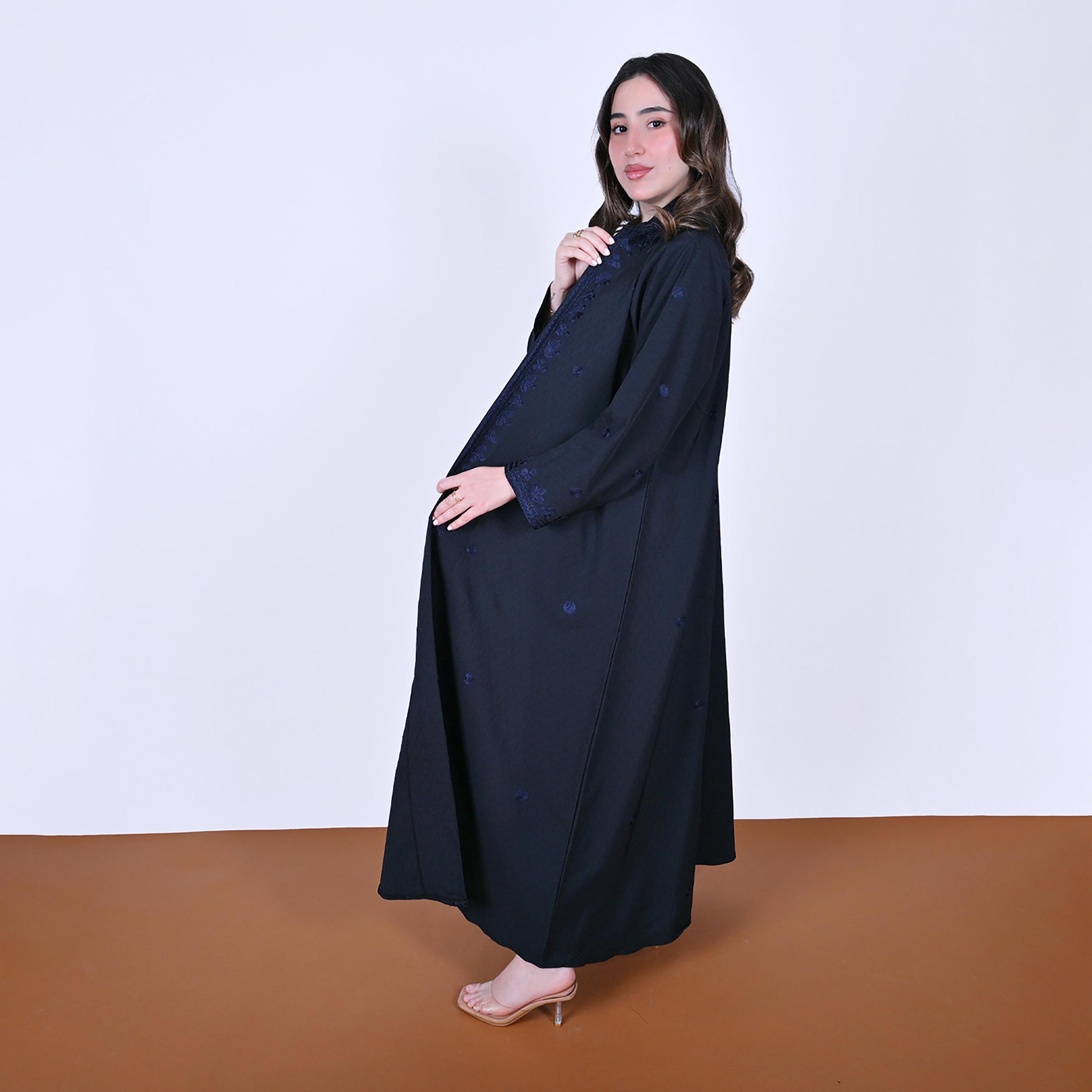 Hawraa Embroidered Mandarin Collar Linen Women's Abaya-women-arabicclothing-abayas-image-6