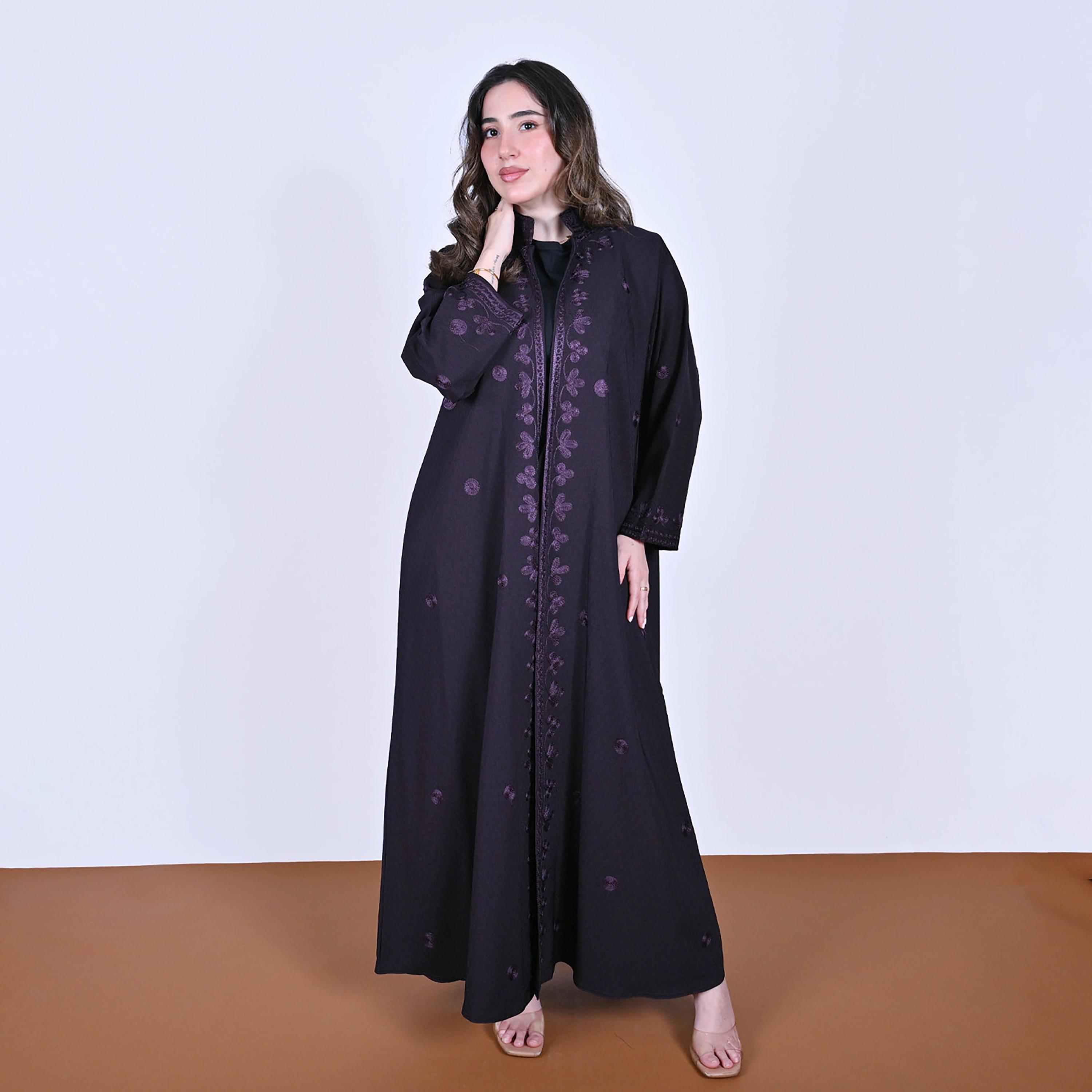 Hawraa Embroidered Mandarin Collar Linen Women's Abaya-women-arabicclothing-abayas-image-1