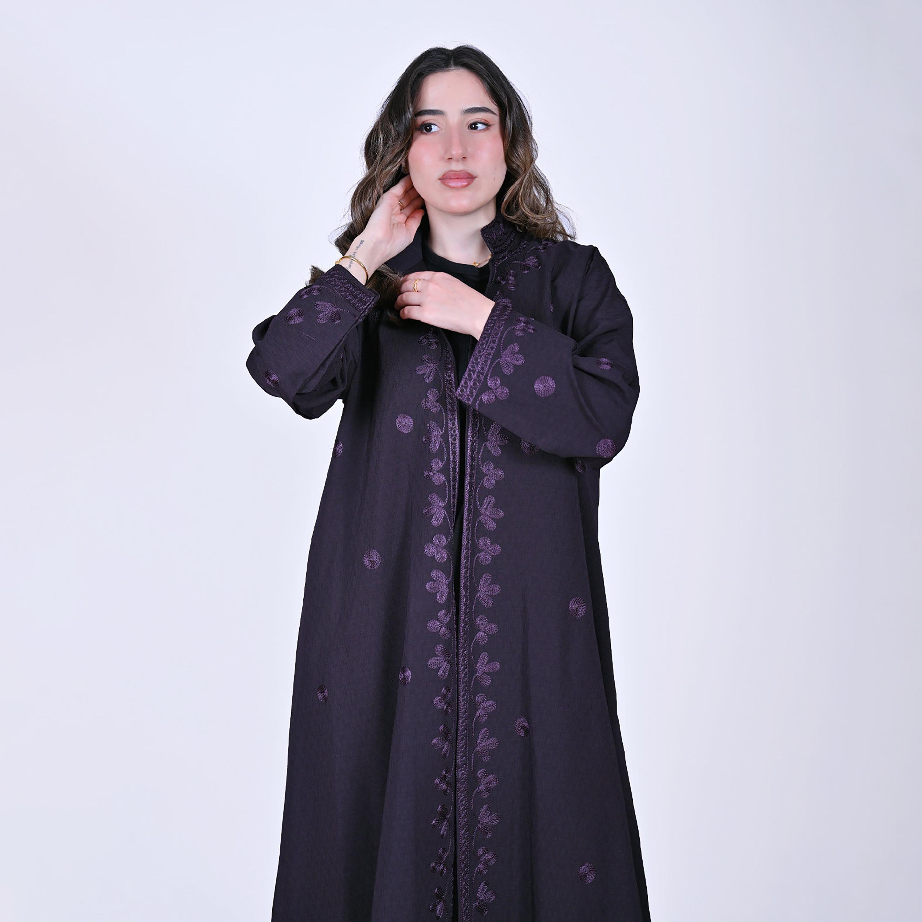 Hawraa Embroidered Mandarin Collar Linen Women's Abaya-women-arabicclothing-abayas-image-2