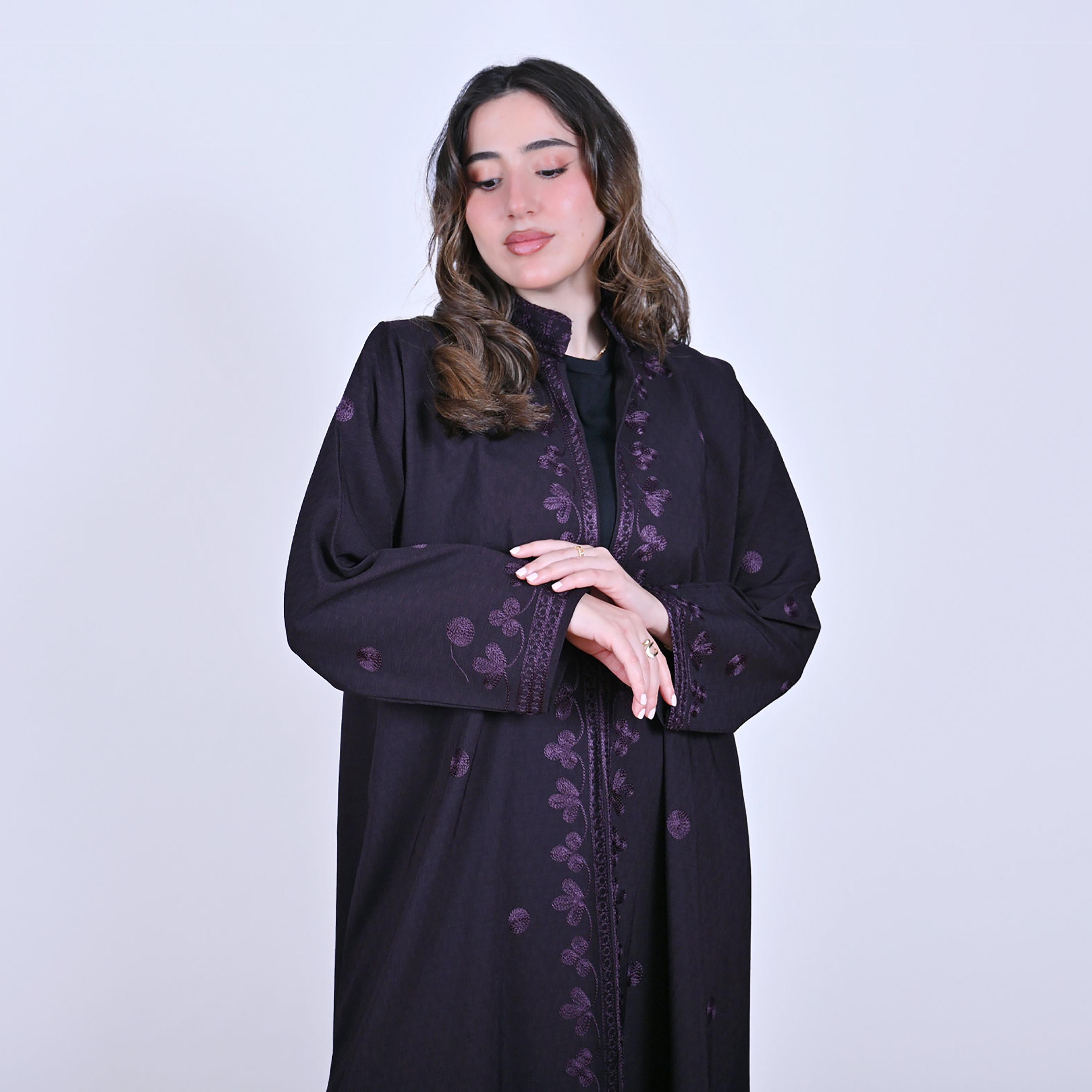 Hawraa Embroidered Mandarin Collar Linen Women's Abaya-women-arabicclothing-abayas-image-3