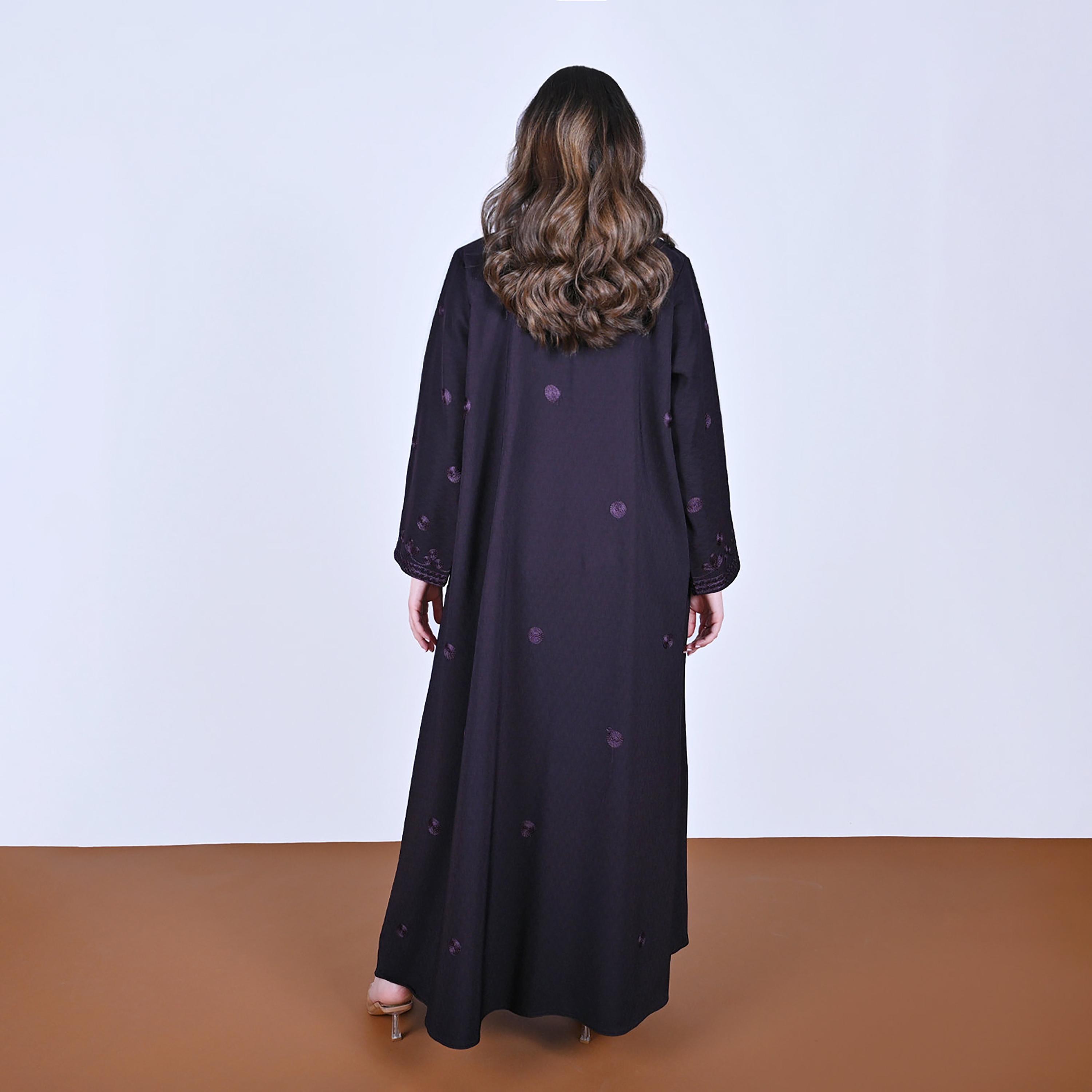 Hawraa Embroidered Mandarin Collar Linen Women's Abaya-women-arabicclothing-abayas-image-5