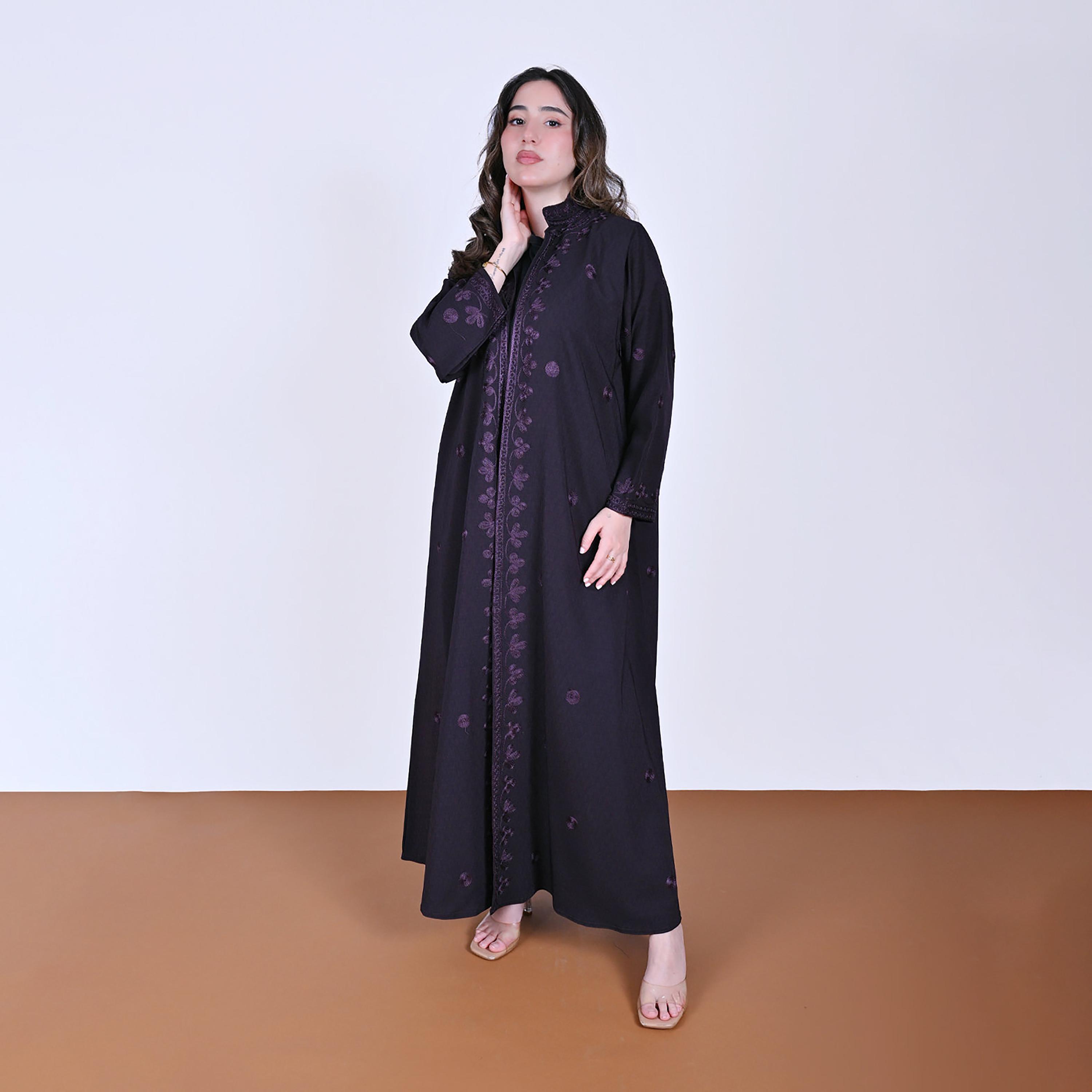 Hawraa Embroidered Mandarin Collar Linen Women's Abaya-women-arabicclothing-abayas-image-6