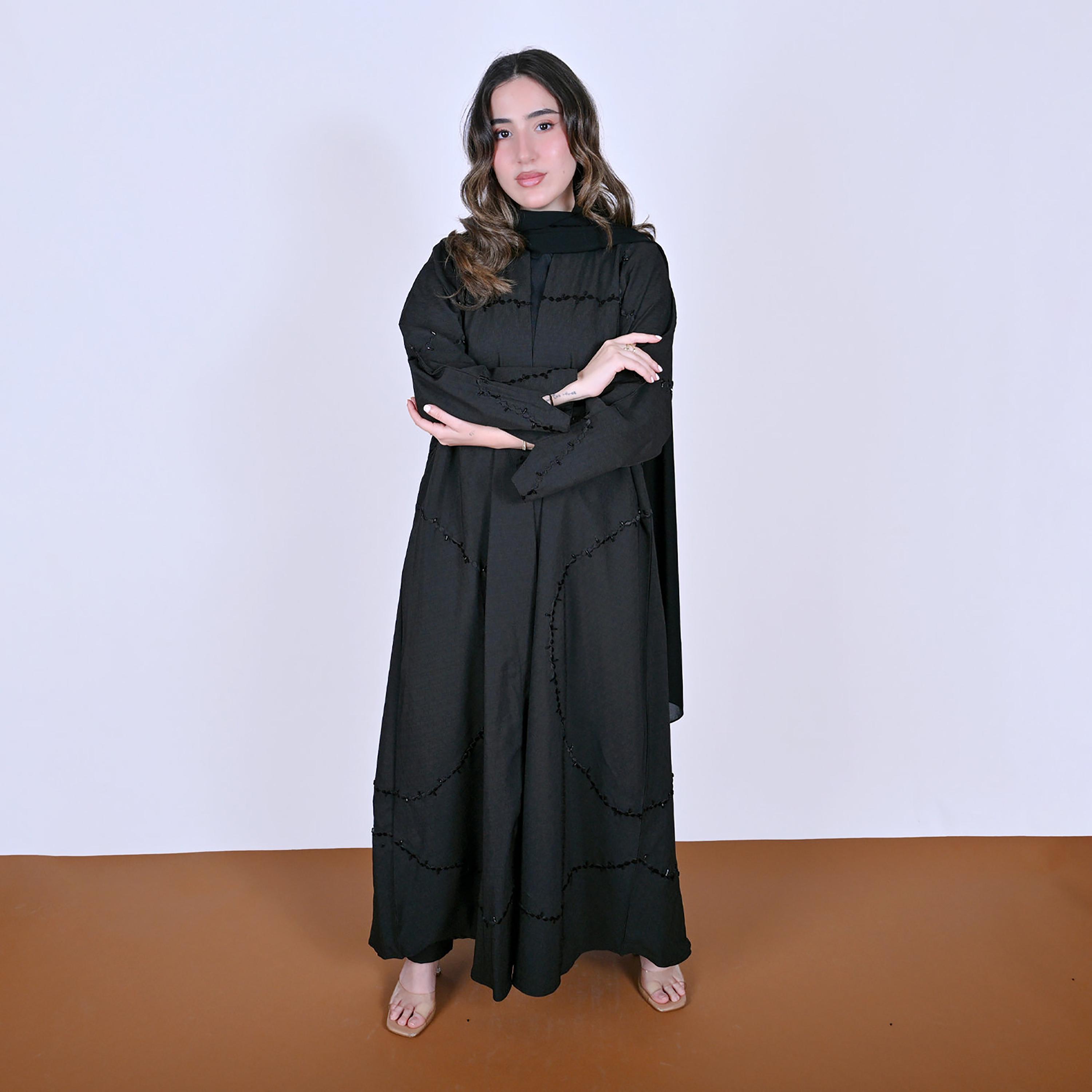 Hawraa Embroidered Linen Women's Abaya with Hijab-women-arabicclothing-abayas-image-1