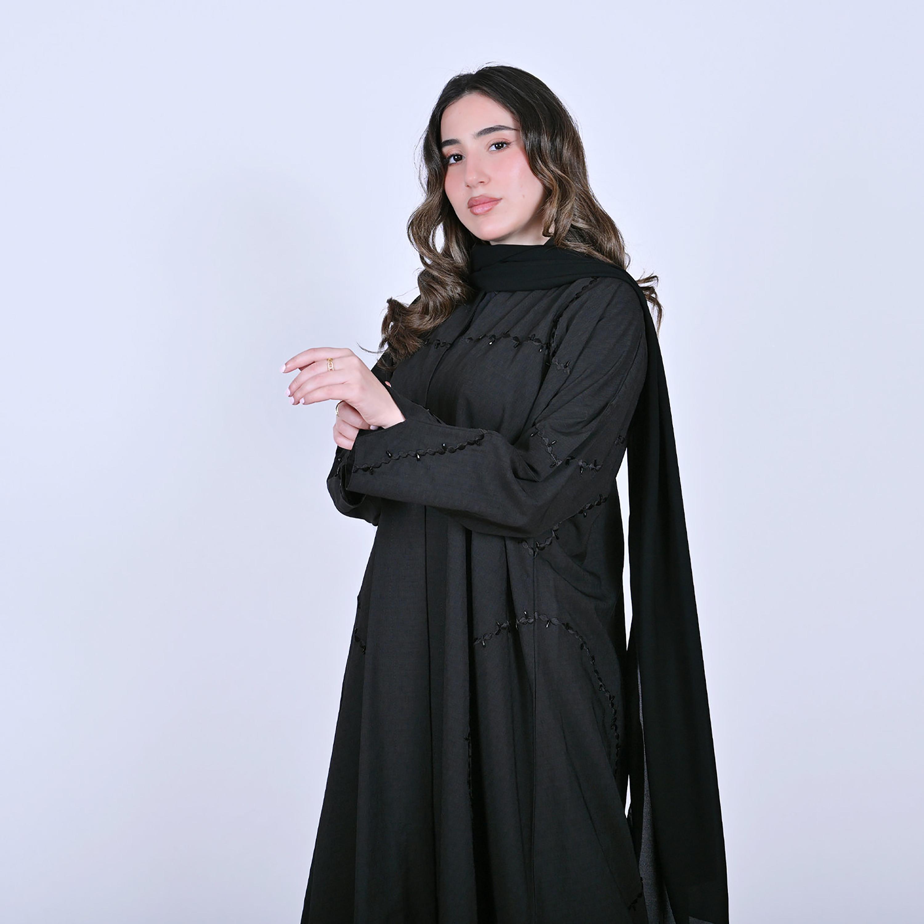 Hawraa Embroidered Linen Women's Abaya with Hijab-women-arabicclothing-abayas-image-2
