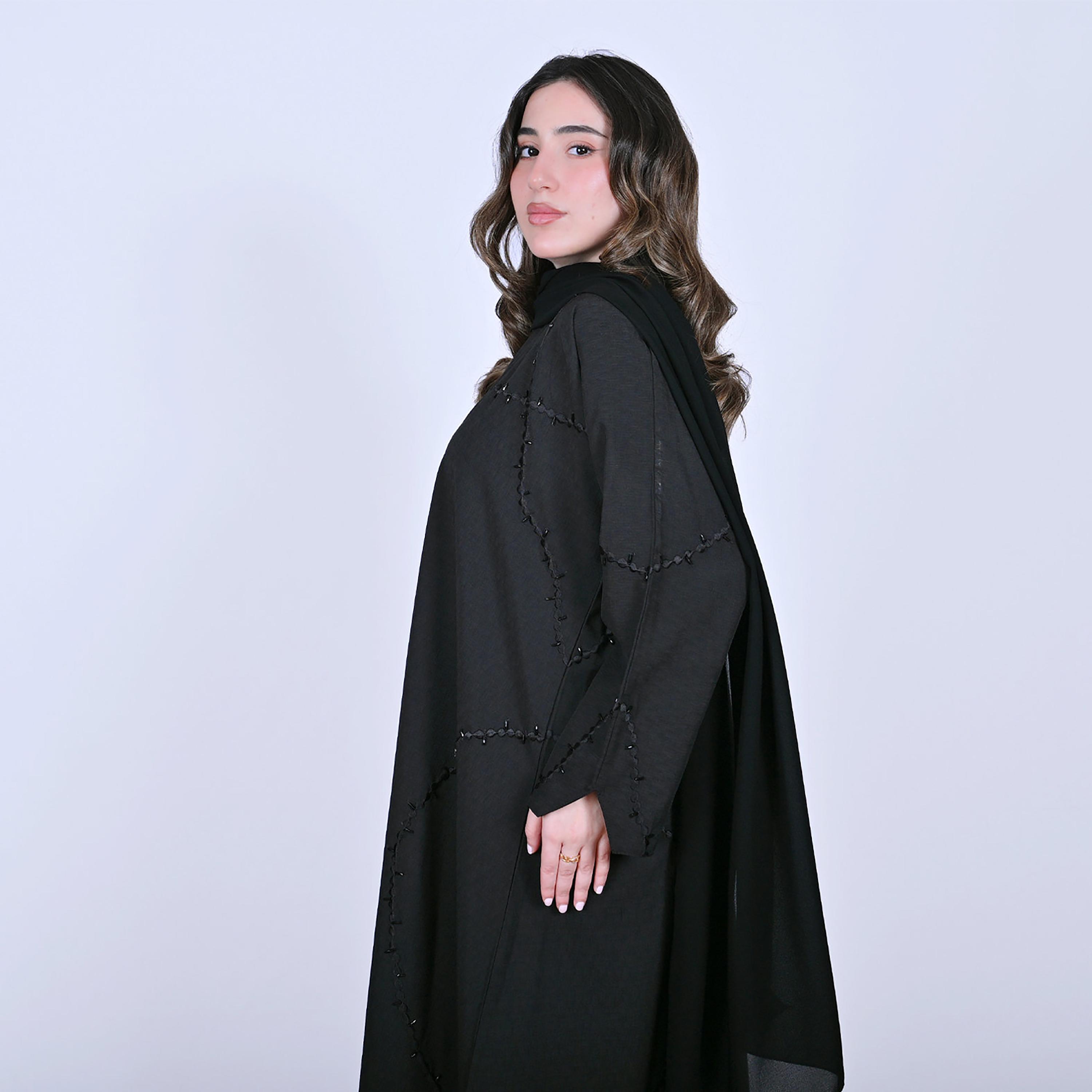 Hawraa Embroidered Linen Women's Abaya with Hijab-women-arabicclothing-abayas-image-3
