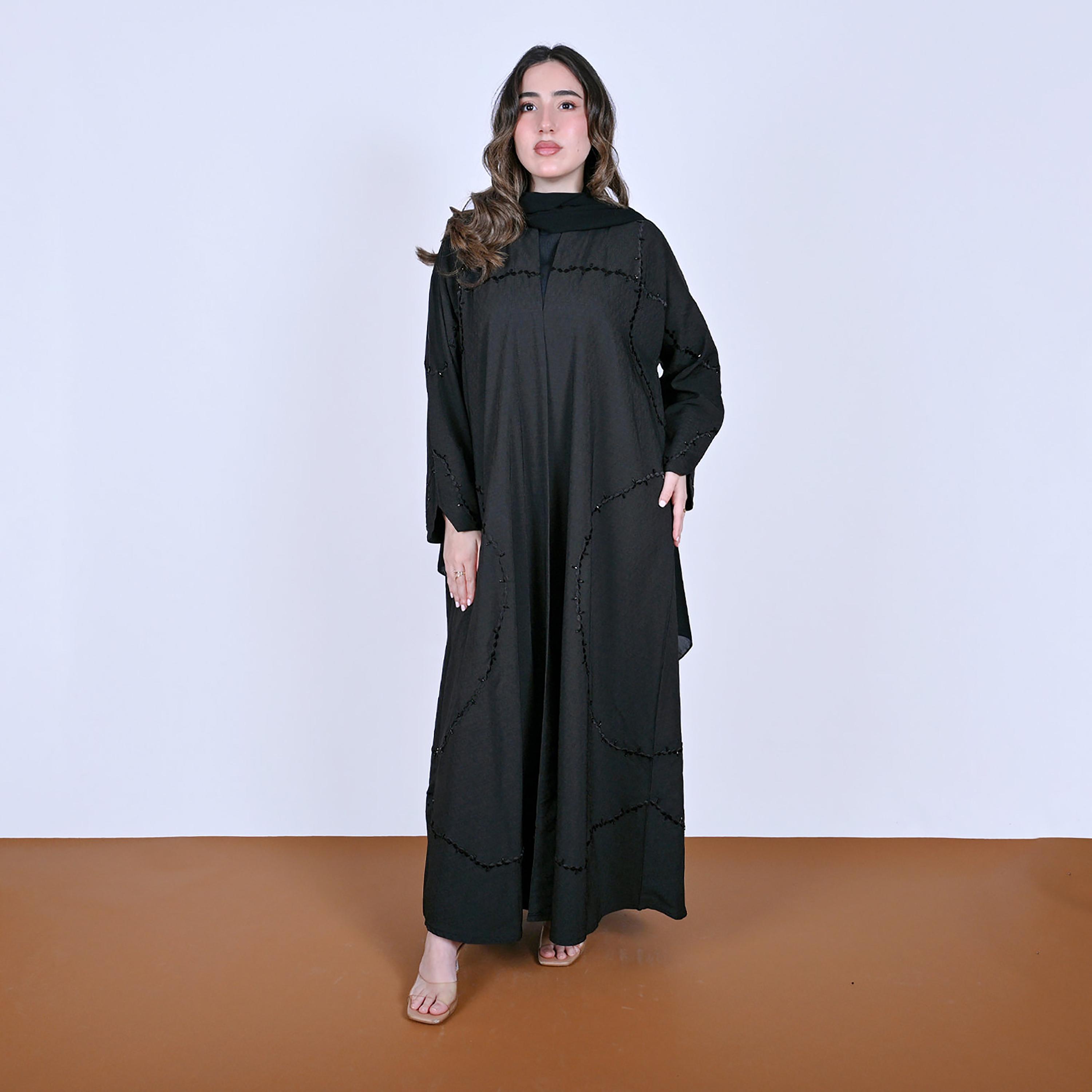 Hawraa Embroidered Linen Women's Abaya with Hijab-women-arabicclothing-abayas-image-4