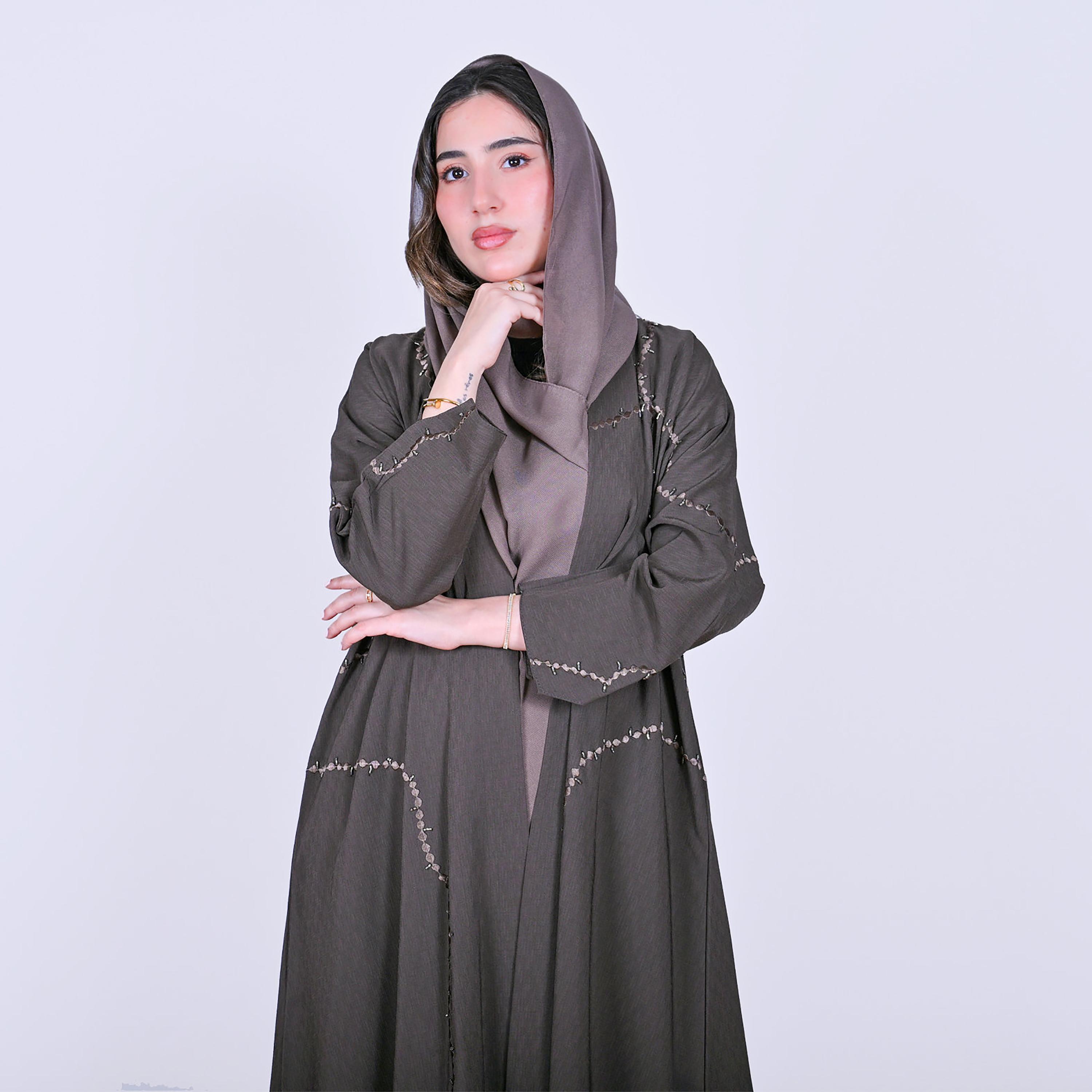 Hawraa Embroidered Linen Women's Abaya with Hijab-women-arabicclothing-abayas-image-3