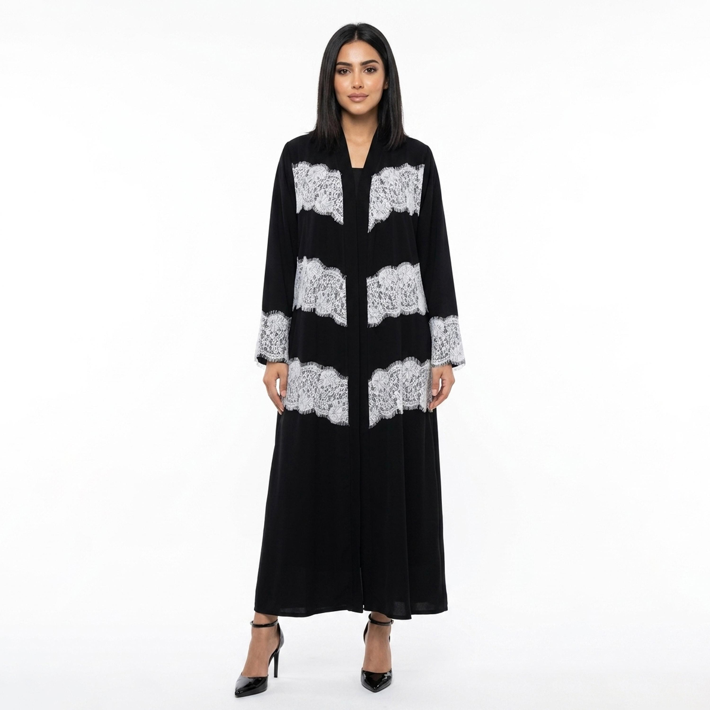 عباءة كتان مزينة بدانتيل الزهور مع حجاب للنساء من حوراء-women-arabicclothing-abayas-image-1