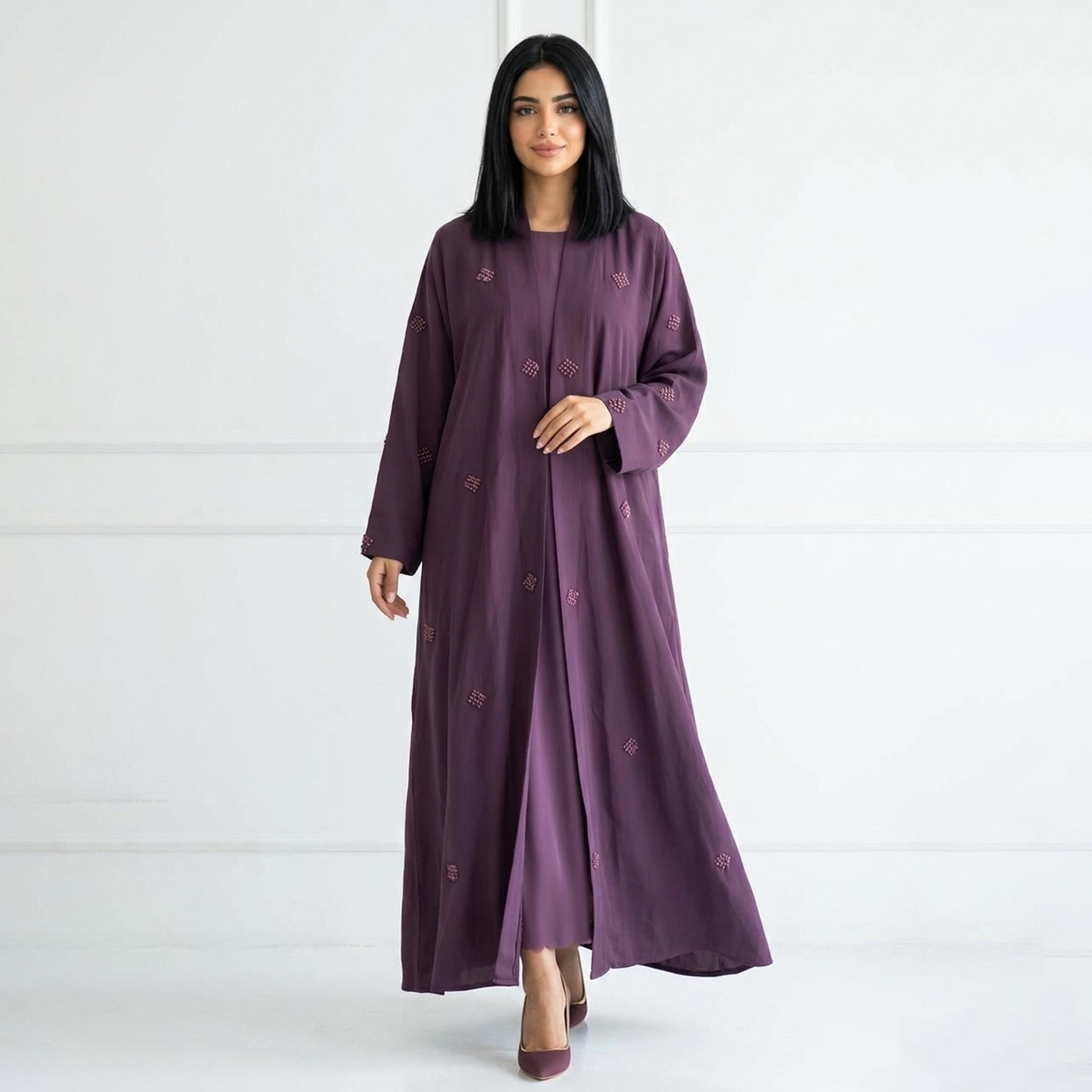 Hawraa Purple Hand Embroidered Linen Women's Abaya-women-arabicclothing-abayas-image-1