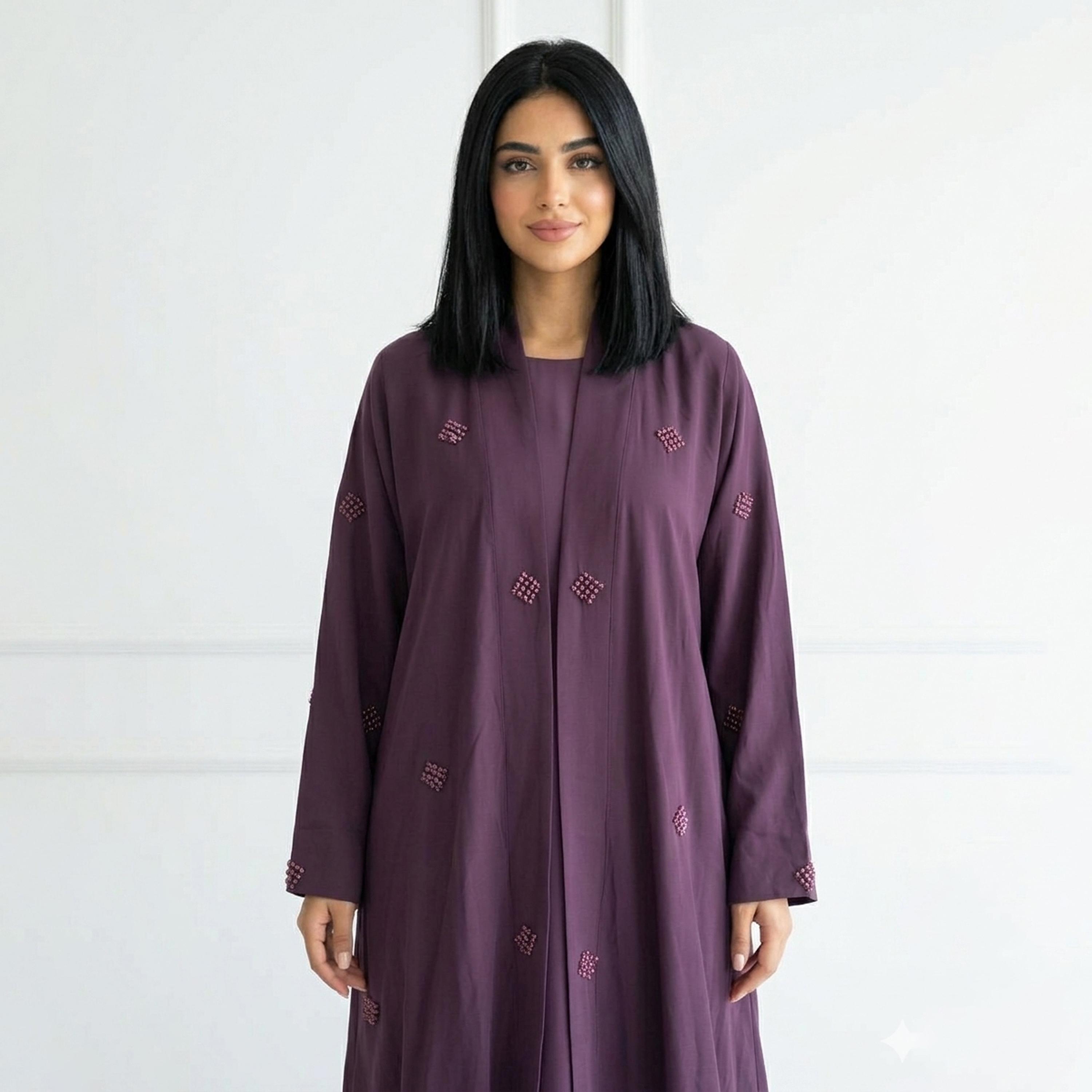 Hawraa Purple Hand Embroidered Linen Women's Abaya-women-arabicclothing-abayas-image-2