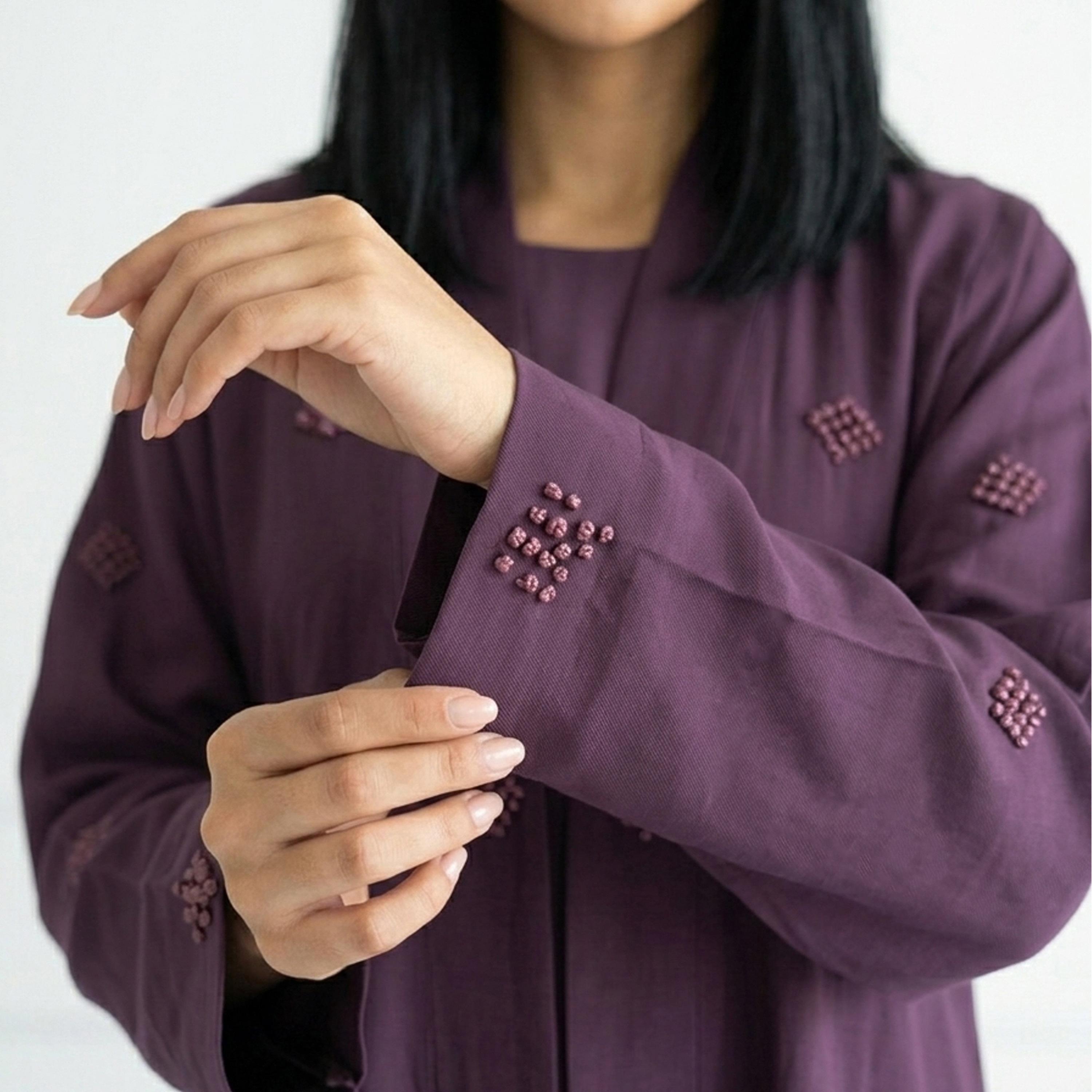 Hawraa Purple Hand Embroidered Linen Women's Abaya-women-arabicclothing-abayas-image-3