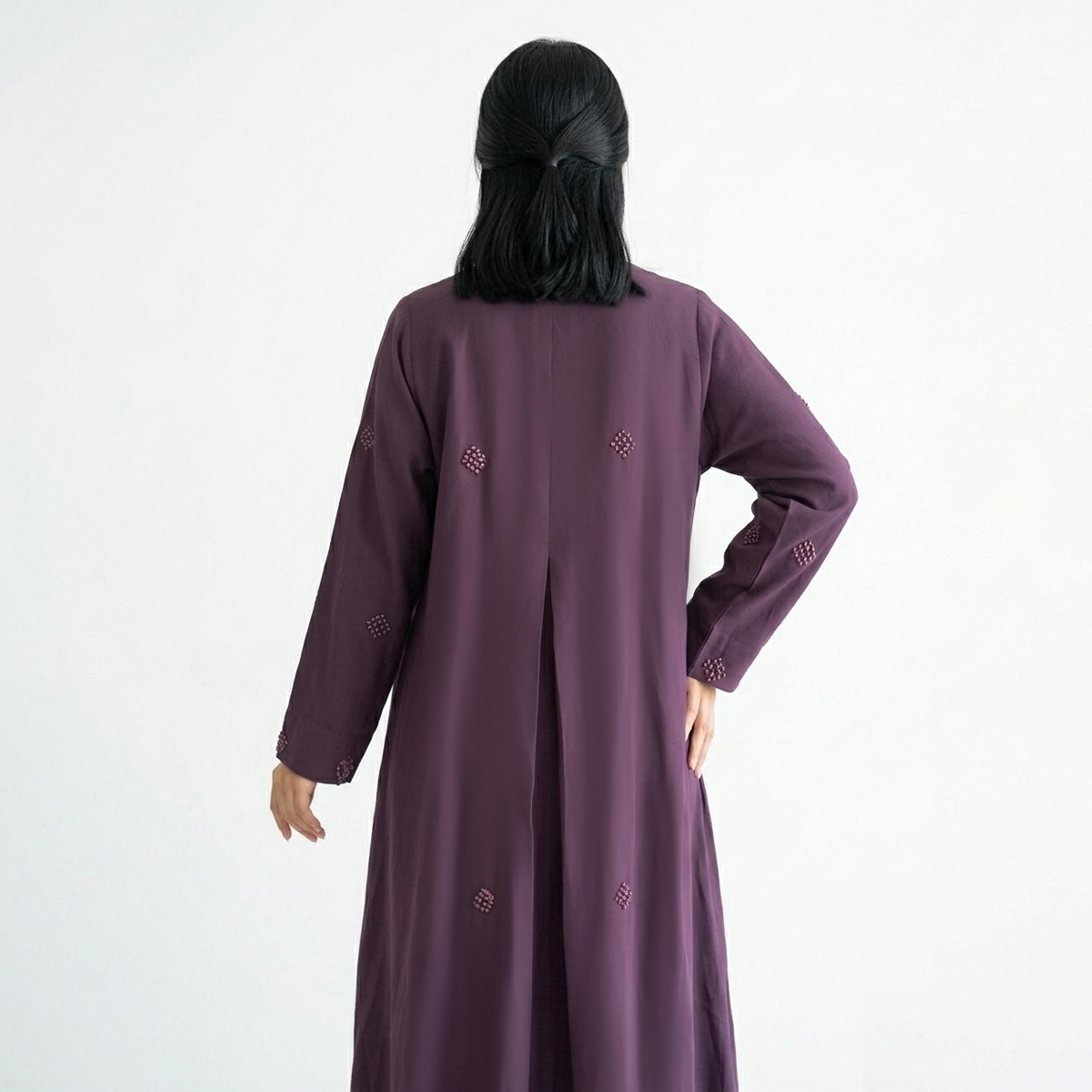 Hawraa Purple Hand Embroidered Linen Women's Abaya-women-arabicclothing-abayas-image-5