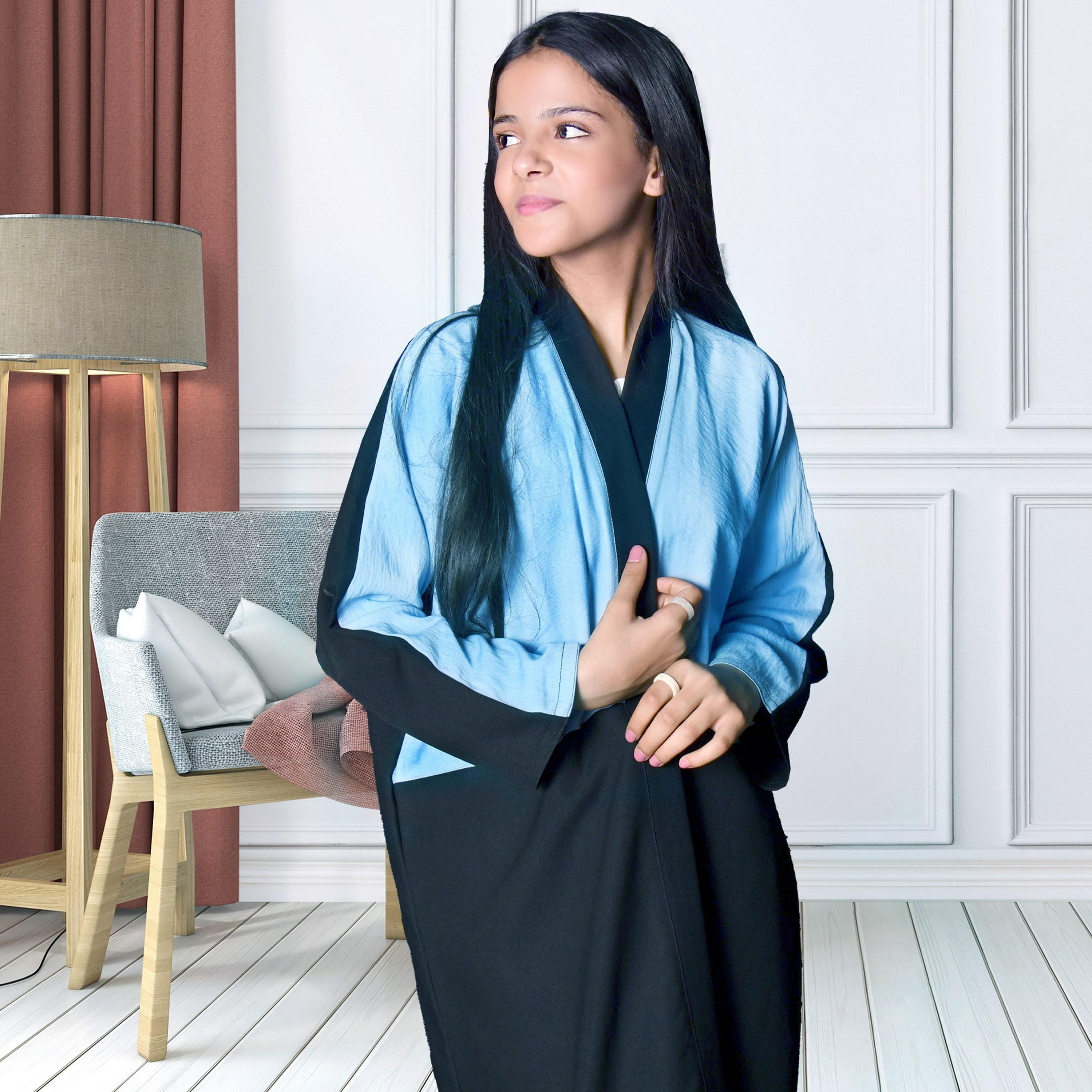 Hawraa Black Colour Blocked Crepe Girls Wrap Abaya with Hijab-girls-arabicclothing-abayas-image-2