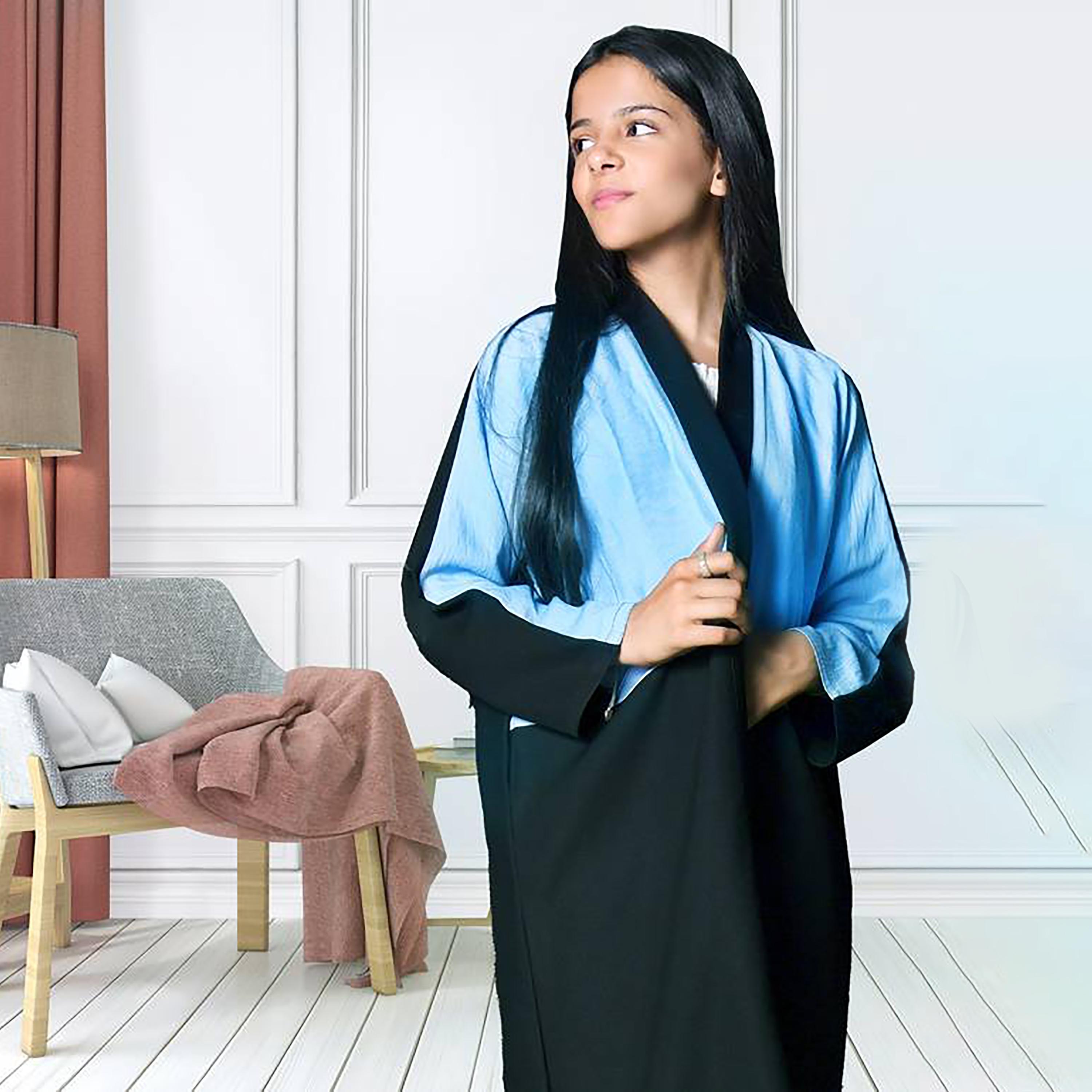 Hawraa Crepe Colour Blocked Wrap Abaya with Hijab-girls-arabicclothing-abayas-image-2