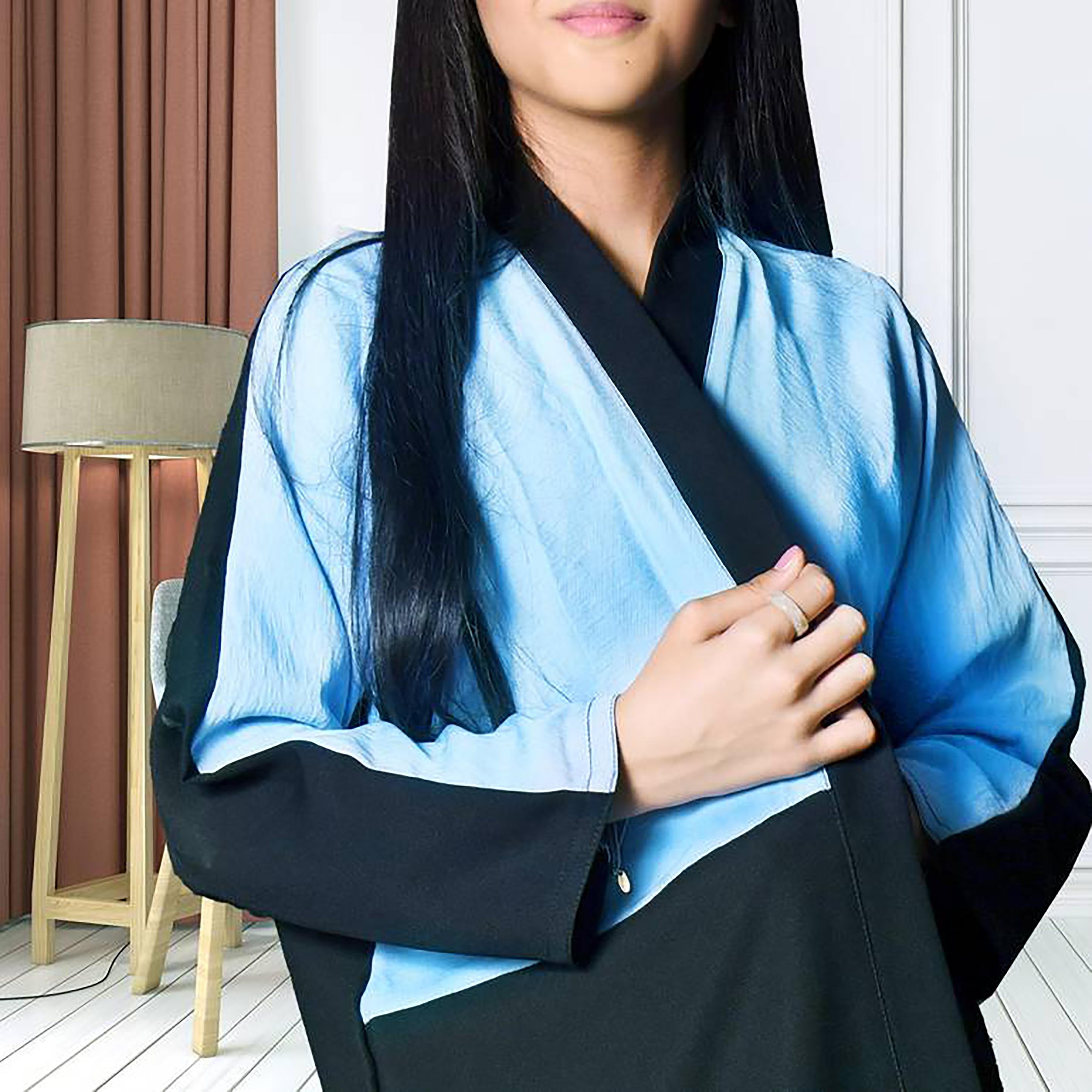Hawraa Crepe Colour Blocked Wrap Abaya with Hijab-girls-arabicclothing-abayas-image-3