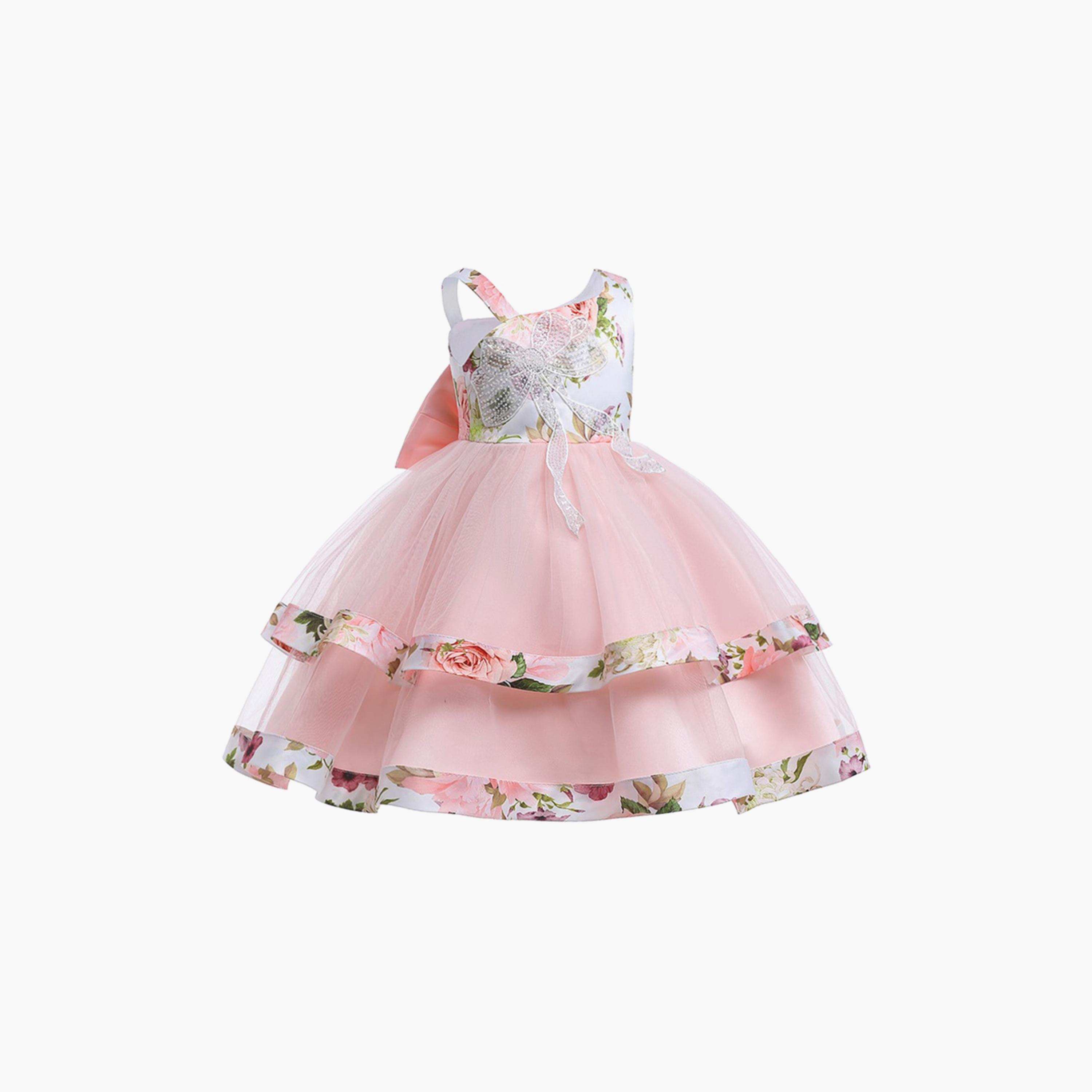 Babyqlo Floral One Shoulder Pleated Dress with Sequins & Bow-girls-clothing-dressesandjumpsuits-image-1