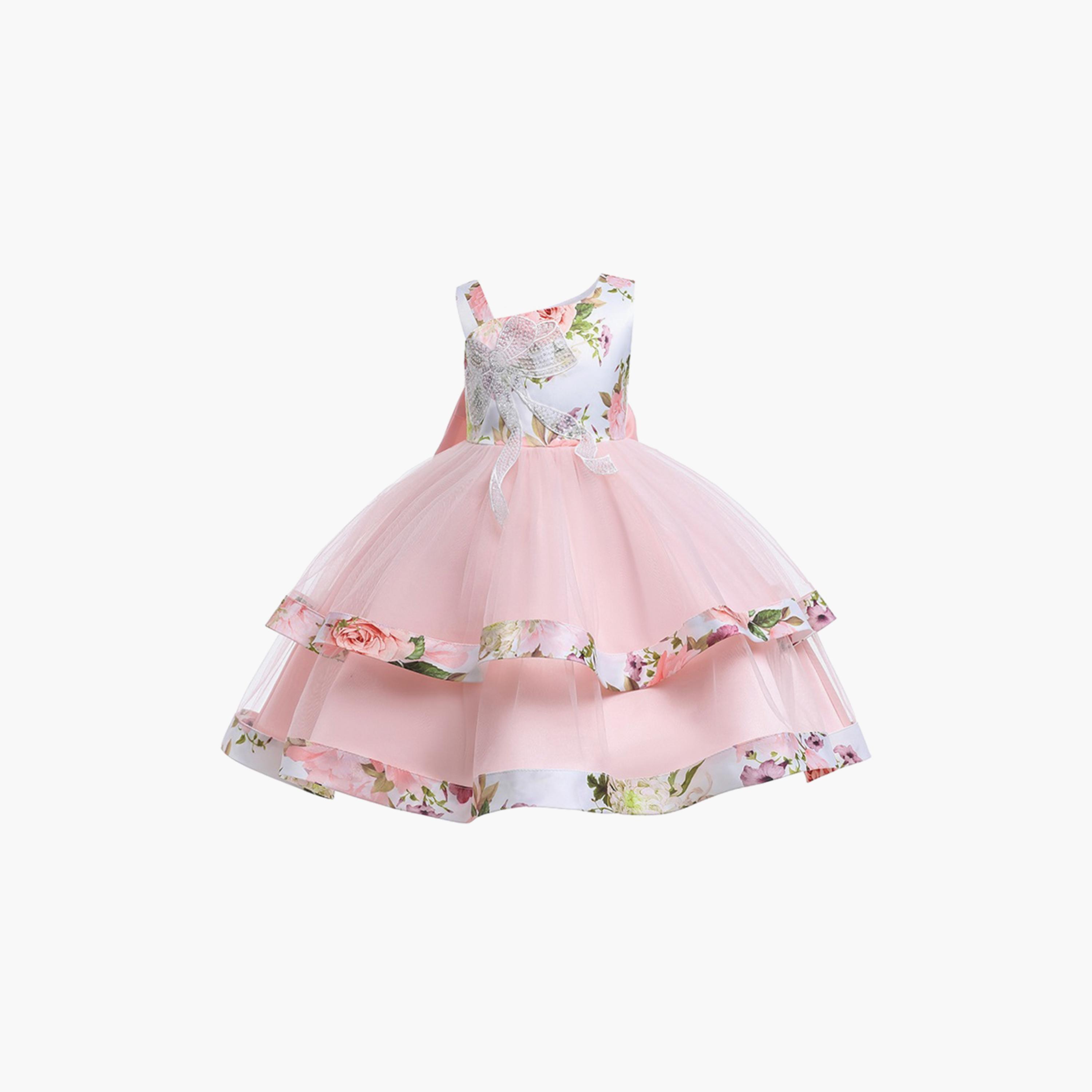Babyqlo Floral One Shoulder Pleated Dress with Sequins & Bow-girls-clothing-dressesandjumpsuits-image-3