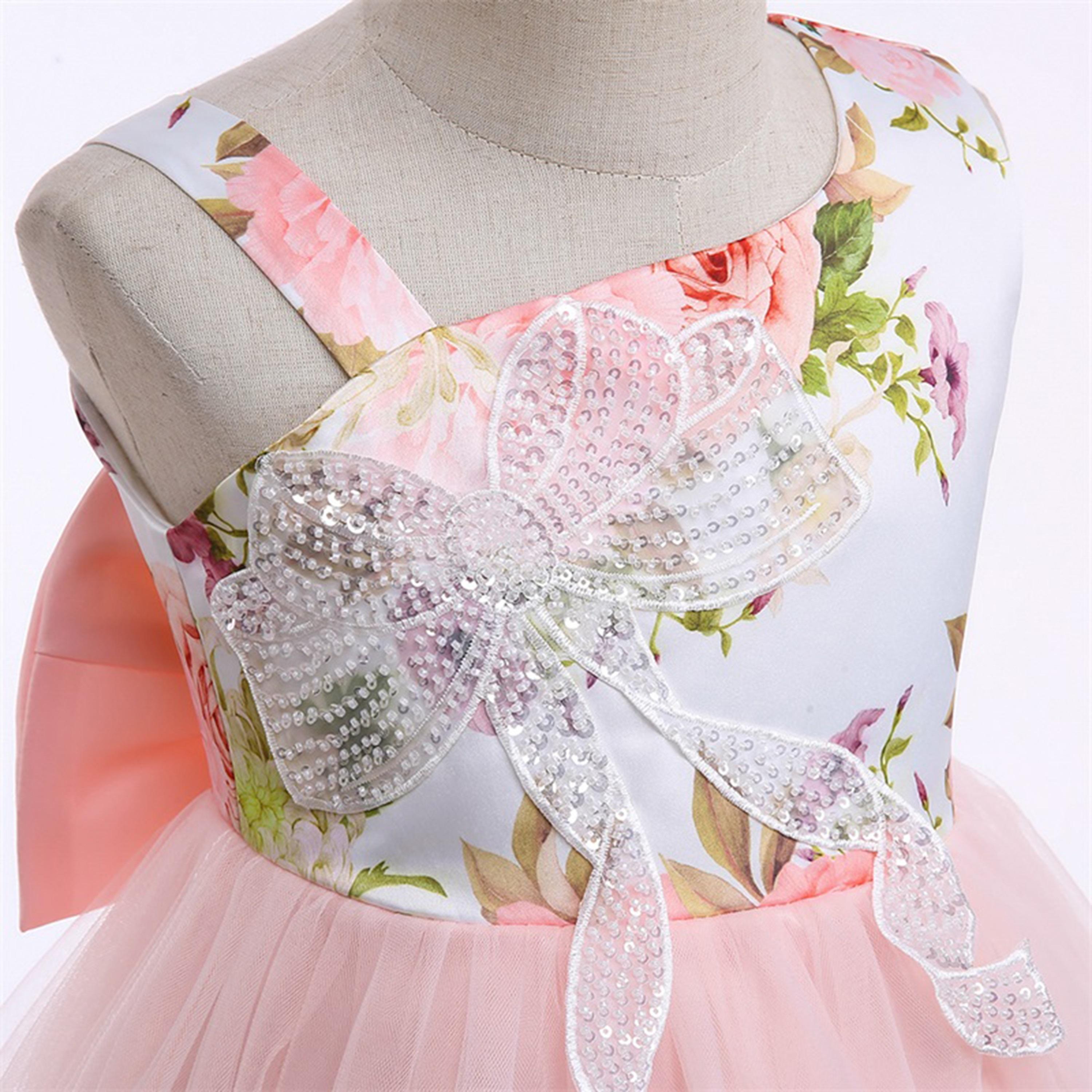 Babyqlo Floral One Shoulder Pleated Dress with Sequins & Bow-girls-clothing-dressesandjumpsuits-image-4
