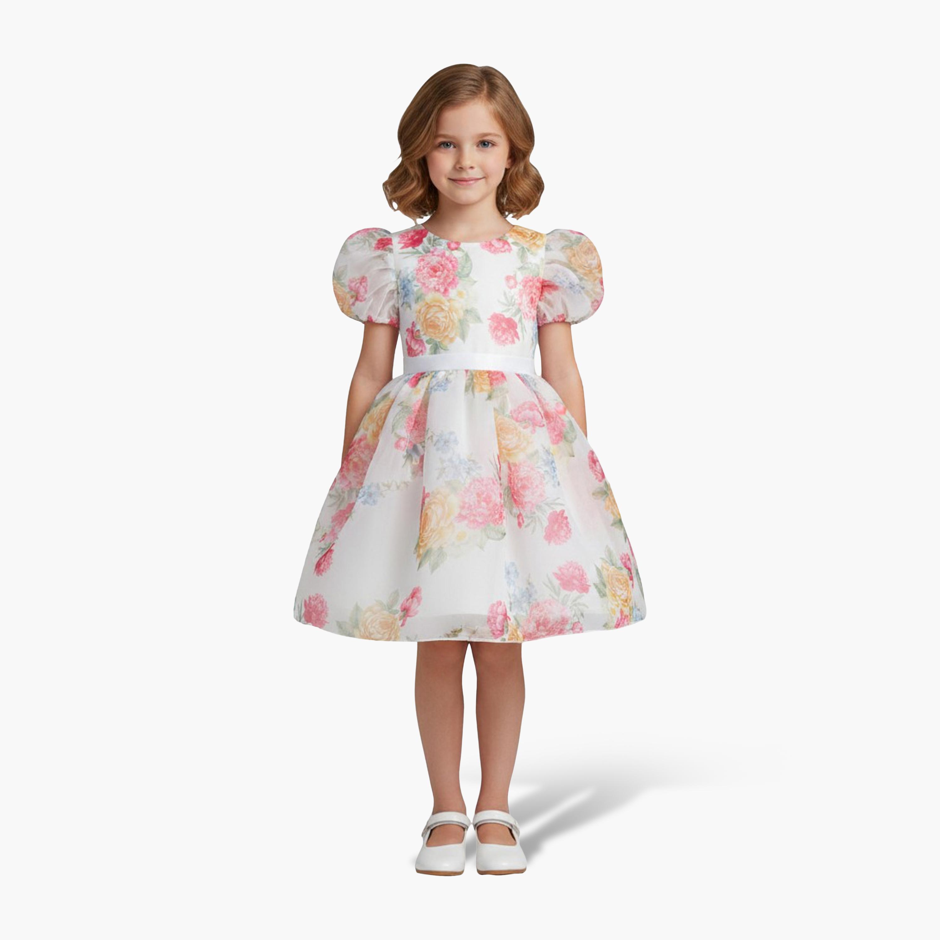 فستان حفلات بناتي من الأورجانزا بنقشة زهور وأكمام منفوخة من بيبي كلو-girls-clothing-dressesandjumpsuits-image-1
