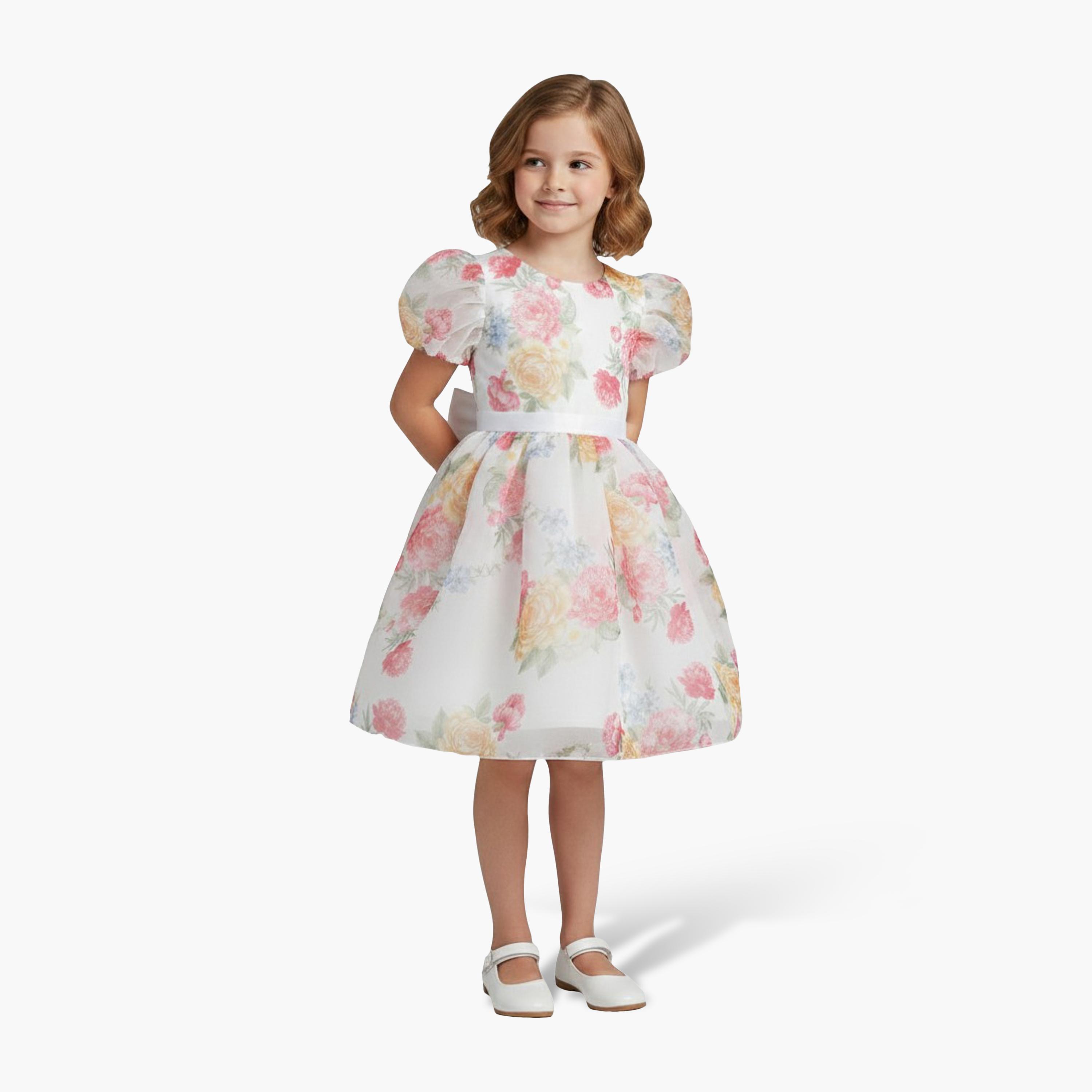 فستان حفلات بناتي من الأورجانزا بنقشة زهور وأكمام منفوخة من بيبي كلو-girls-clothing-dressesandjumpsuits-image-2
