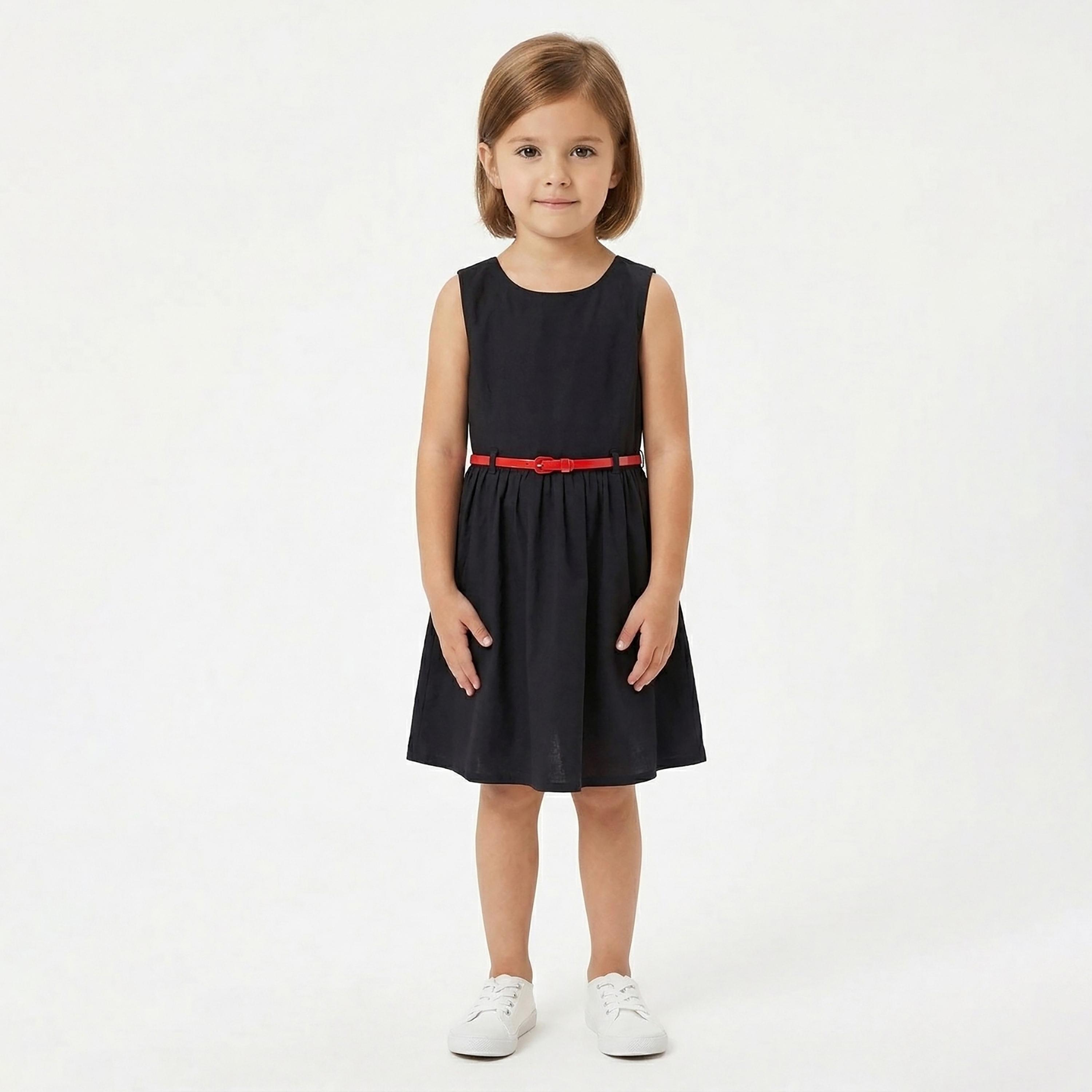 فستان قطني سادة بدون أكمام مع حزام من بيبيكلو-girls-clothing-dressesandjumpsuits-image-1