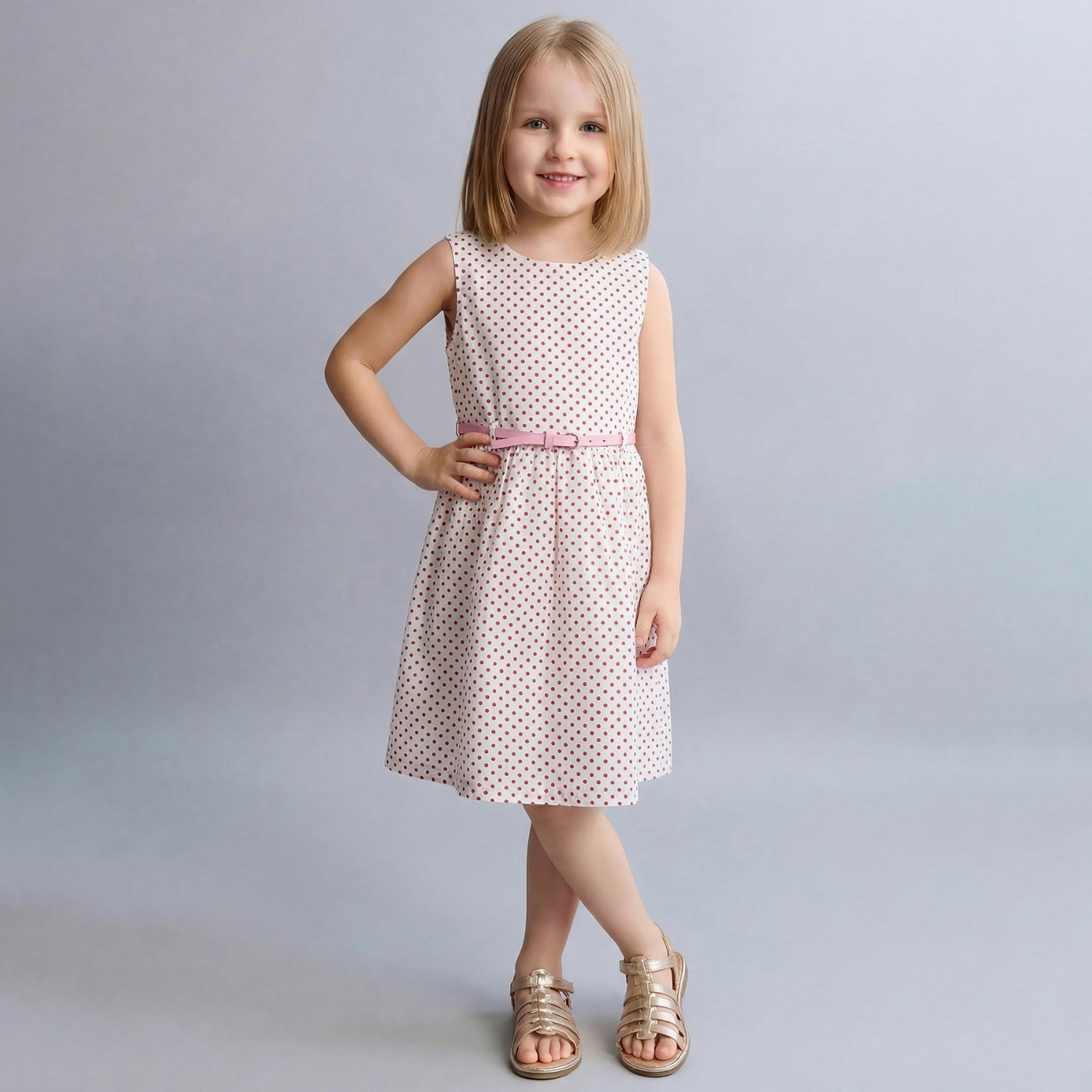 فستان قطني بدون أكمام بطبعة منقطة (بولكا دوت) مع حزام من بيبيكلو-girls-clothing-dressesandjumpsuits-image-1