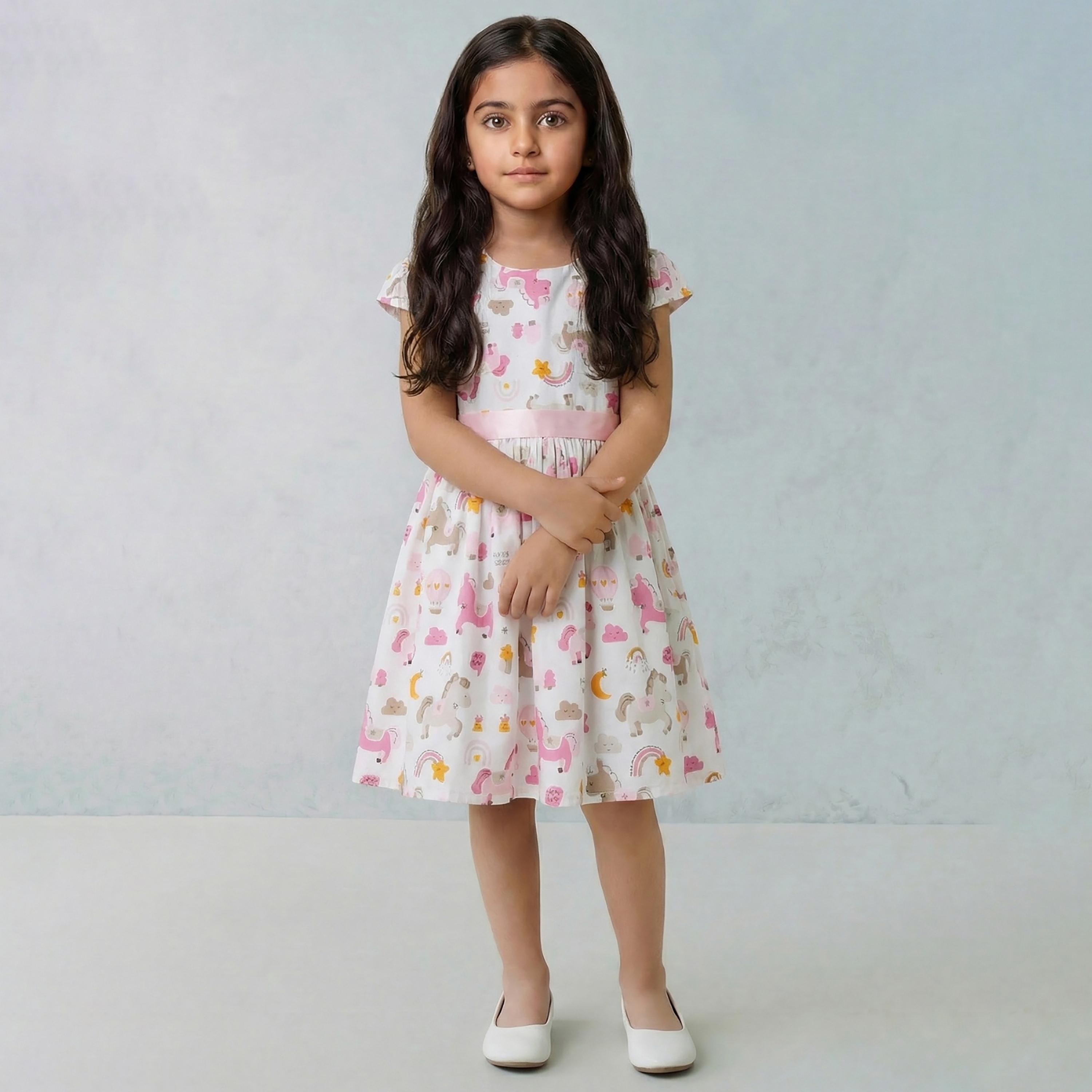 فستان قطني بأكمام قصيرة وطبعة يونيكورن مع حزام من بيبيكلو-girls-clothing-dressesandjumpsuits-image-1