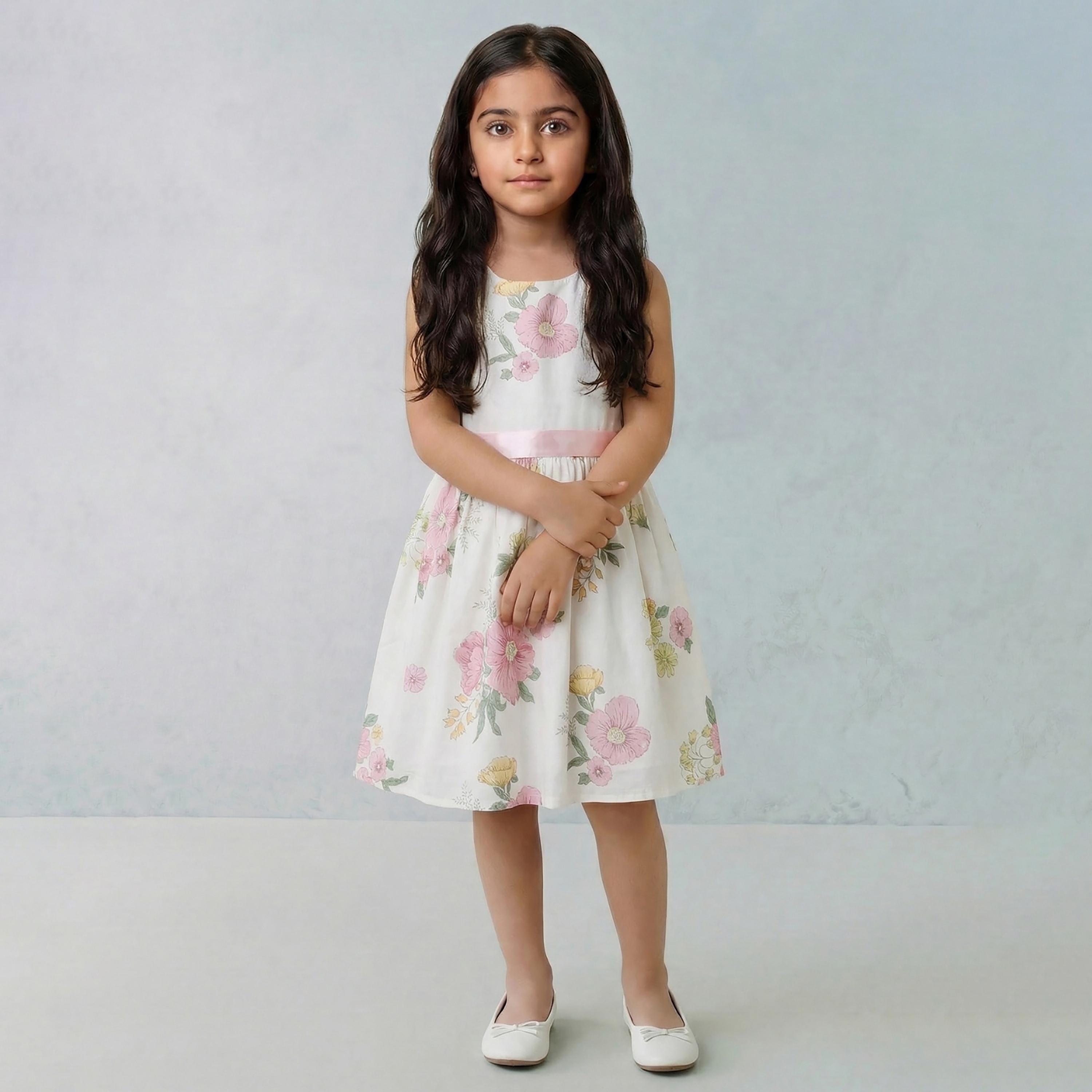 فستان قطني بدون أكمام بطبعة زهور مع حزام من بيبيكلو-girls-clothing-dressesandjumpsuits-image-1