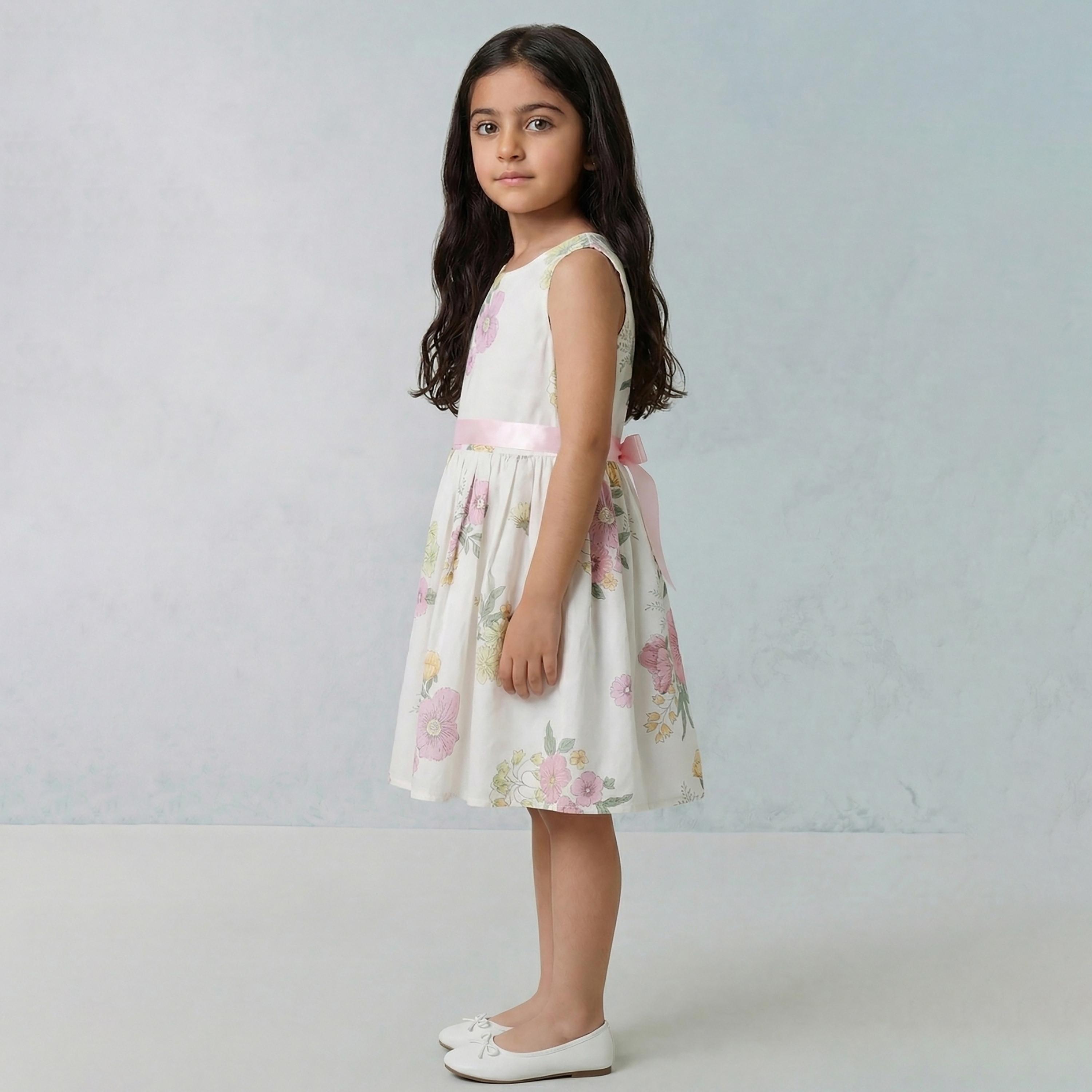 فستان قطني بدون أكمام بطبعة زهور مع حزام من بيبيكلو-girls-clothing-dressesandjumpsuits-image-3