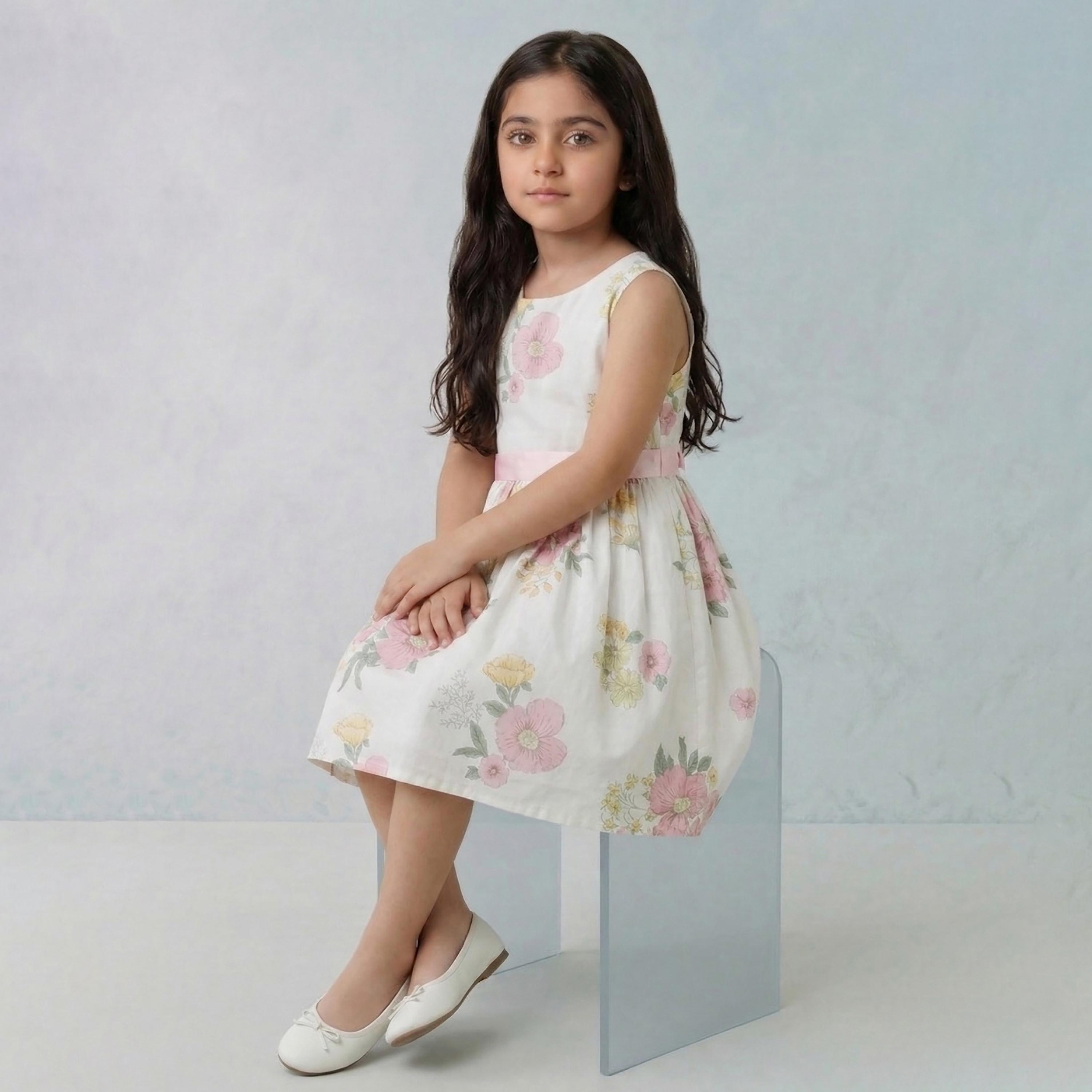 فستان قطني بدون أكمام بطبعة زهور مع حزام من بيبيكلو-girls-clothing-dressesandjumpsuits-image-4