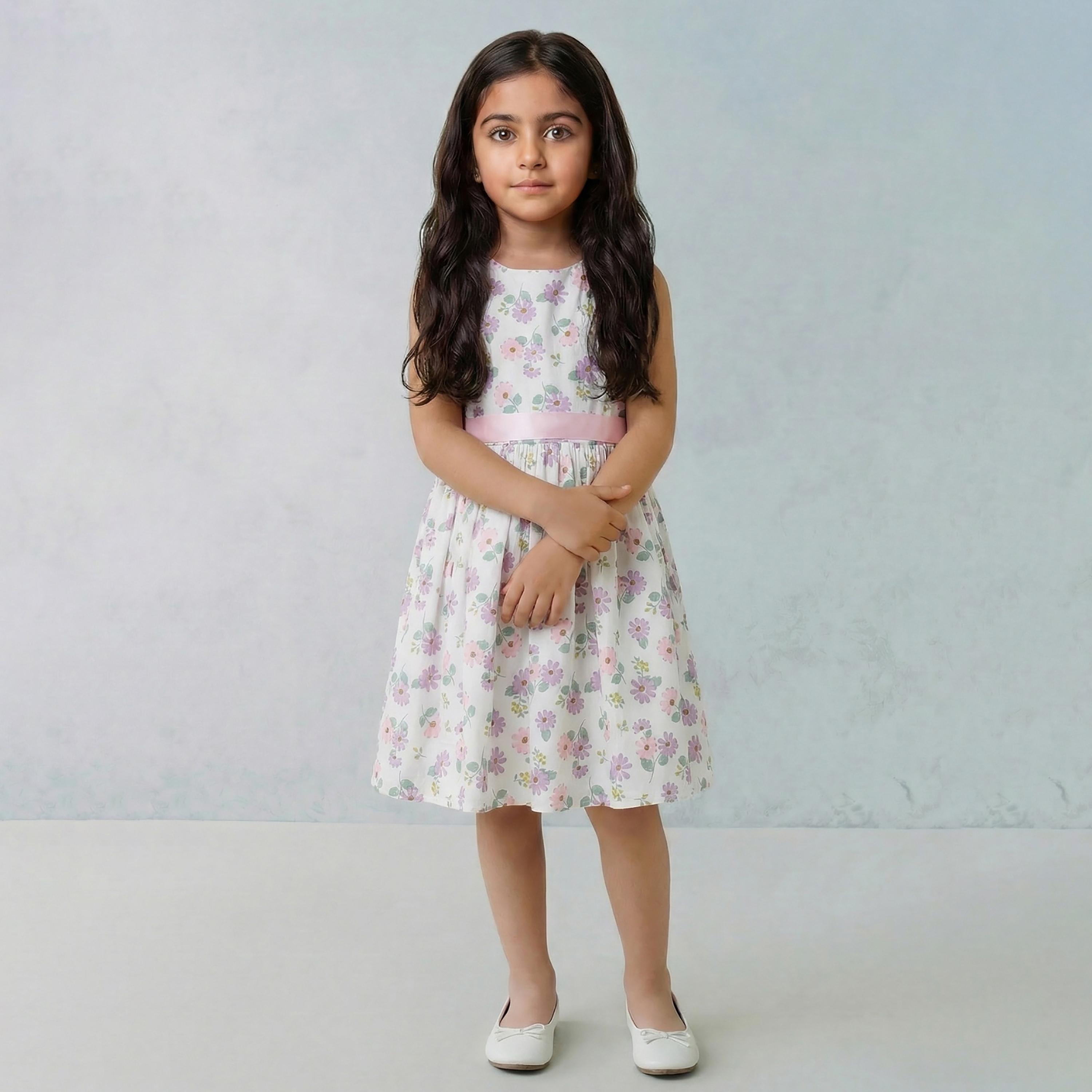 فستان قطني بدون أكمام بطبعة زهور مع حزام من بيبيكلو-girls-clothing-dressesandjumpsuits-image-1