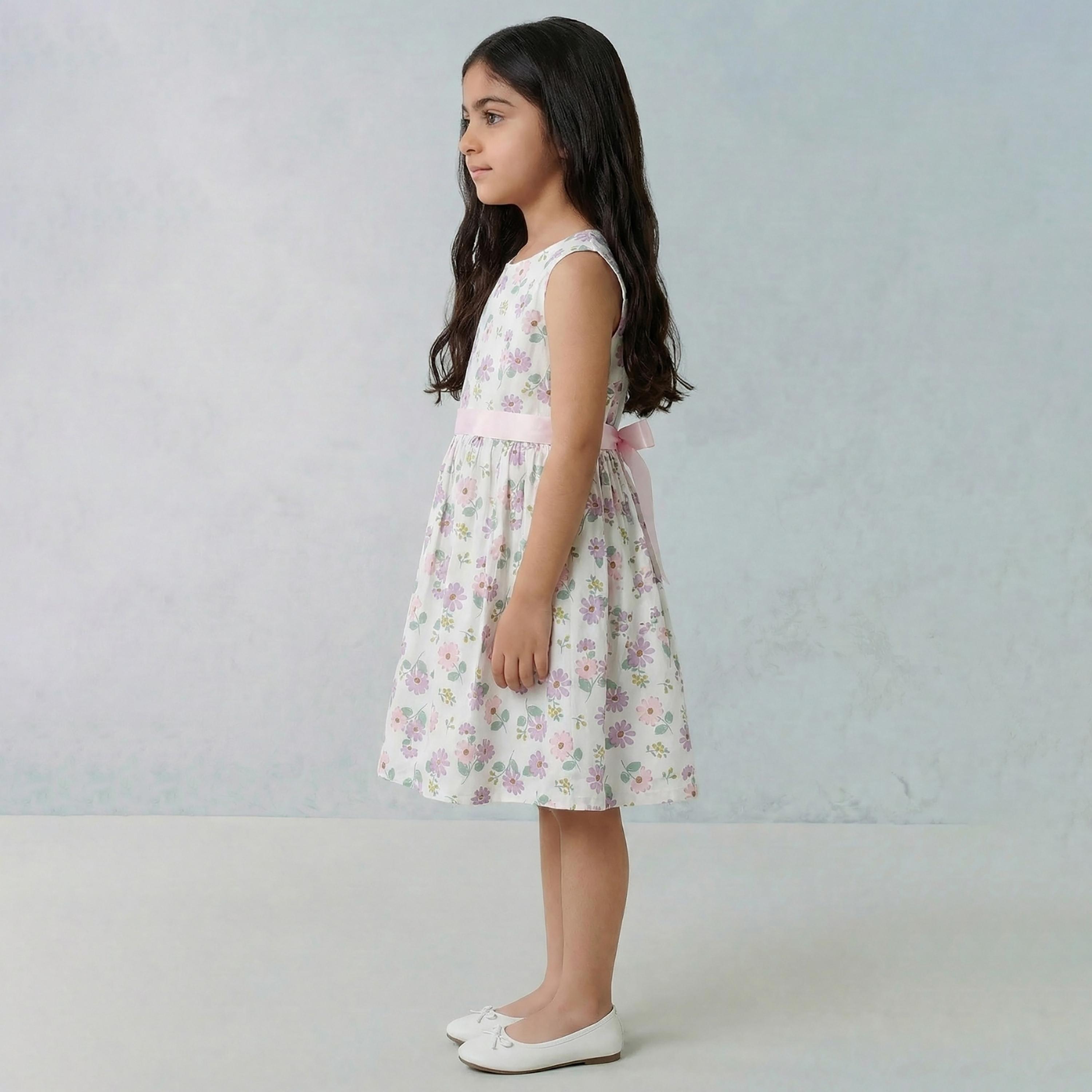 فستان قطني بدون أكمام بطبعة زهور مع حزام من بيبيكلو-girls-clothing-dressesandjumpsuits-image-3